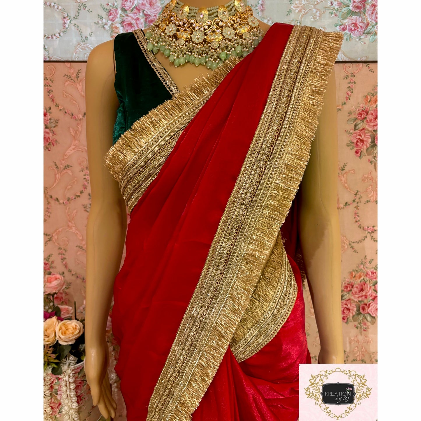 Red Metallic Shimmer Satin Banno Saree kreationbykj