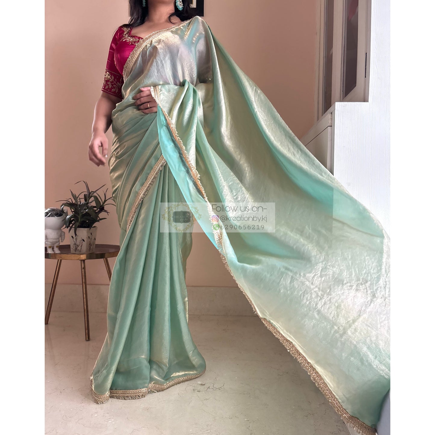 Pastel Green Metallic Shimmer Banno Saree kreationbykj