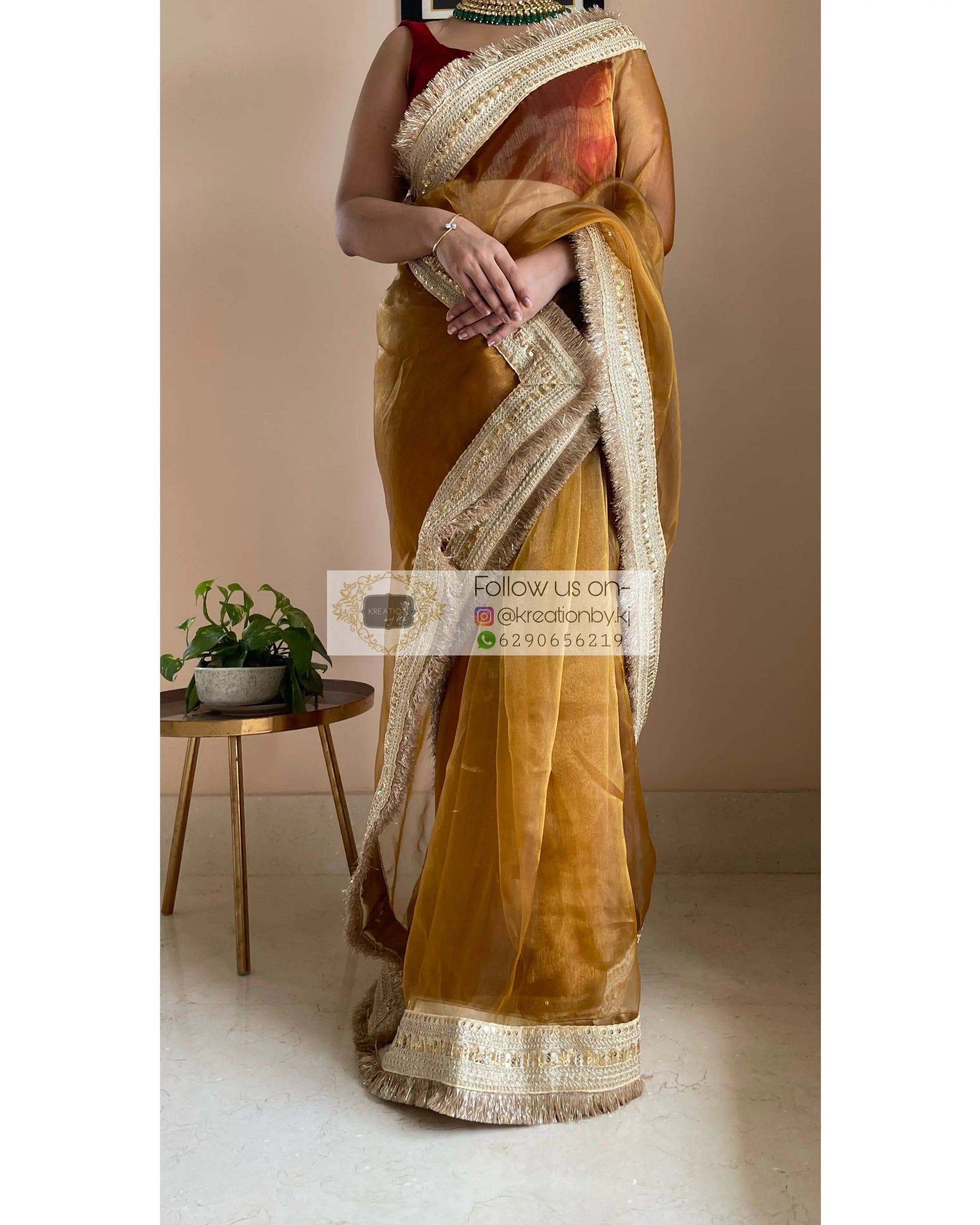 Ochre Glass Tissue Saree Banno Saree kreationbykj