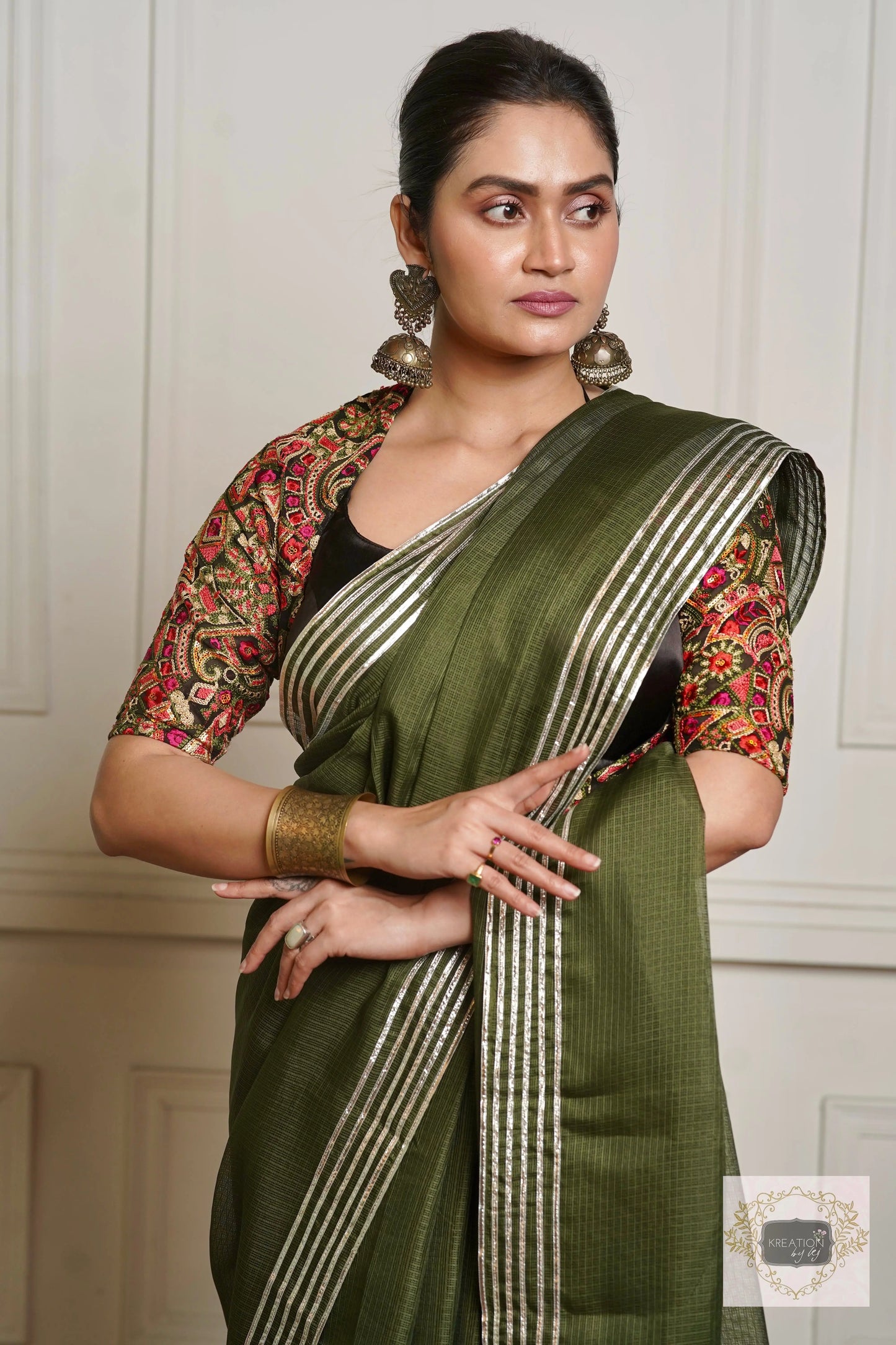 Olive Green Kota Silver Lining Saree With Gota Border kreationbykj