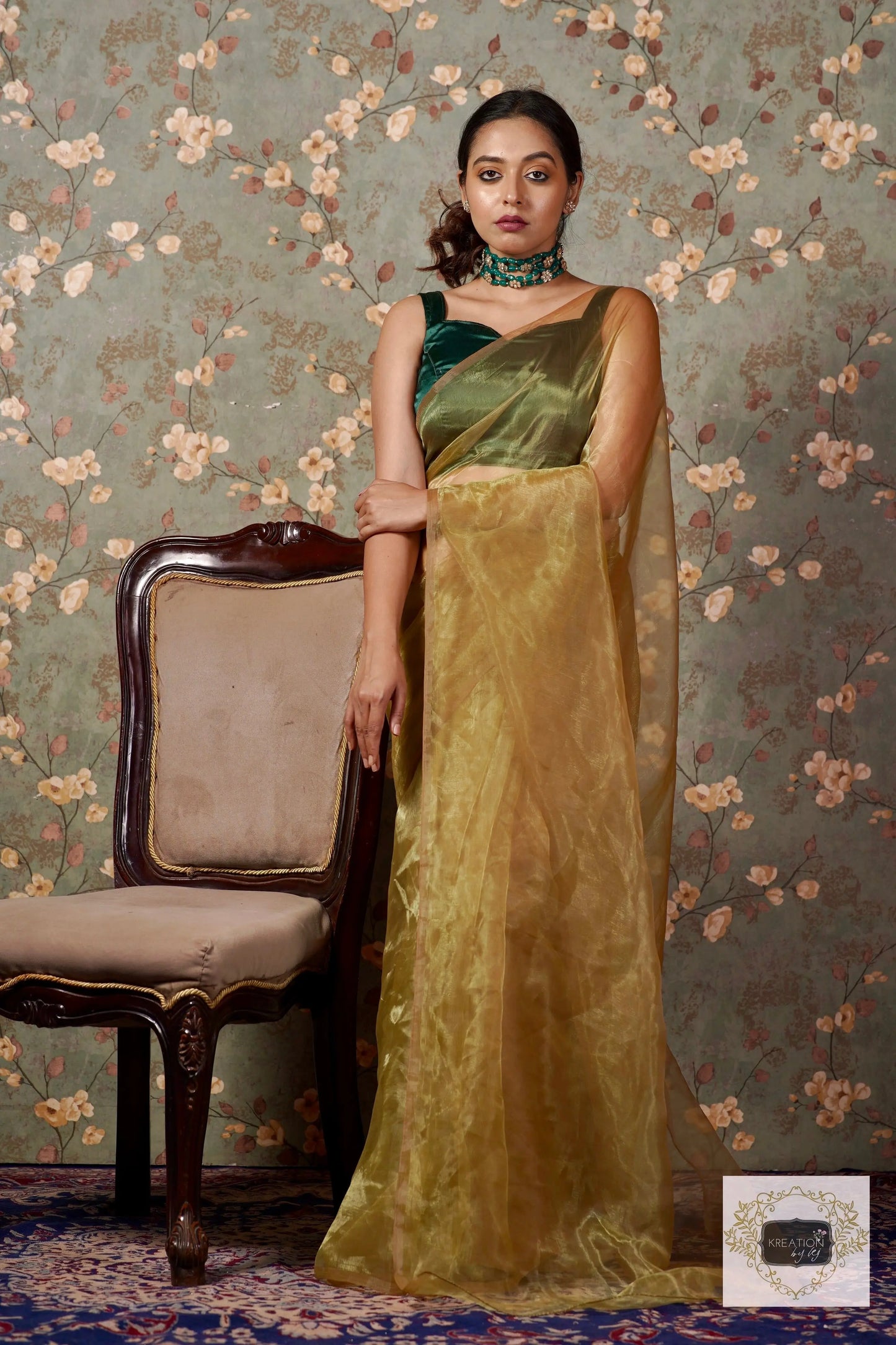 Pista Green Glass Tissue Saree kreationbykj