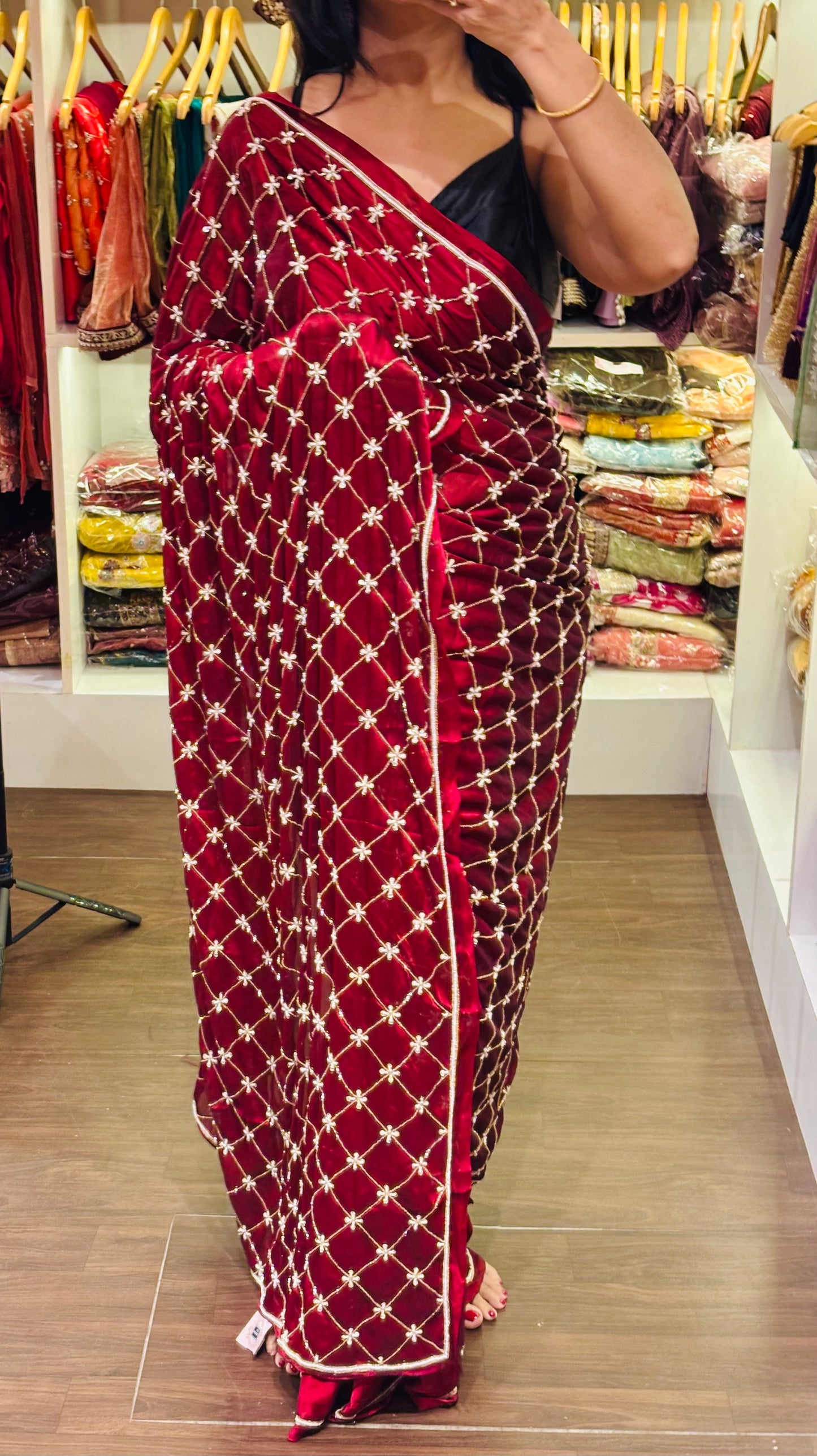 Maroon Georgette Cutdana Jaal Saree - kreationbykj