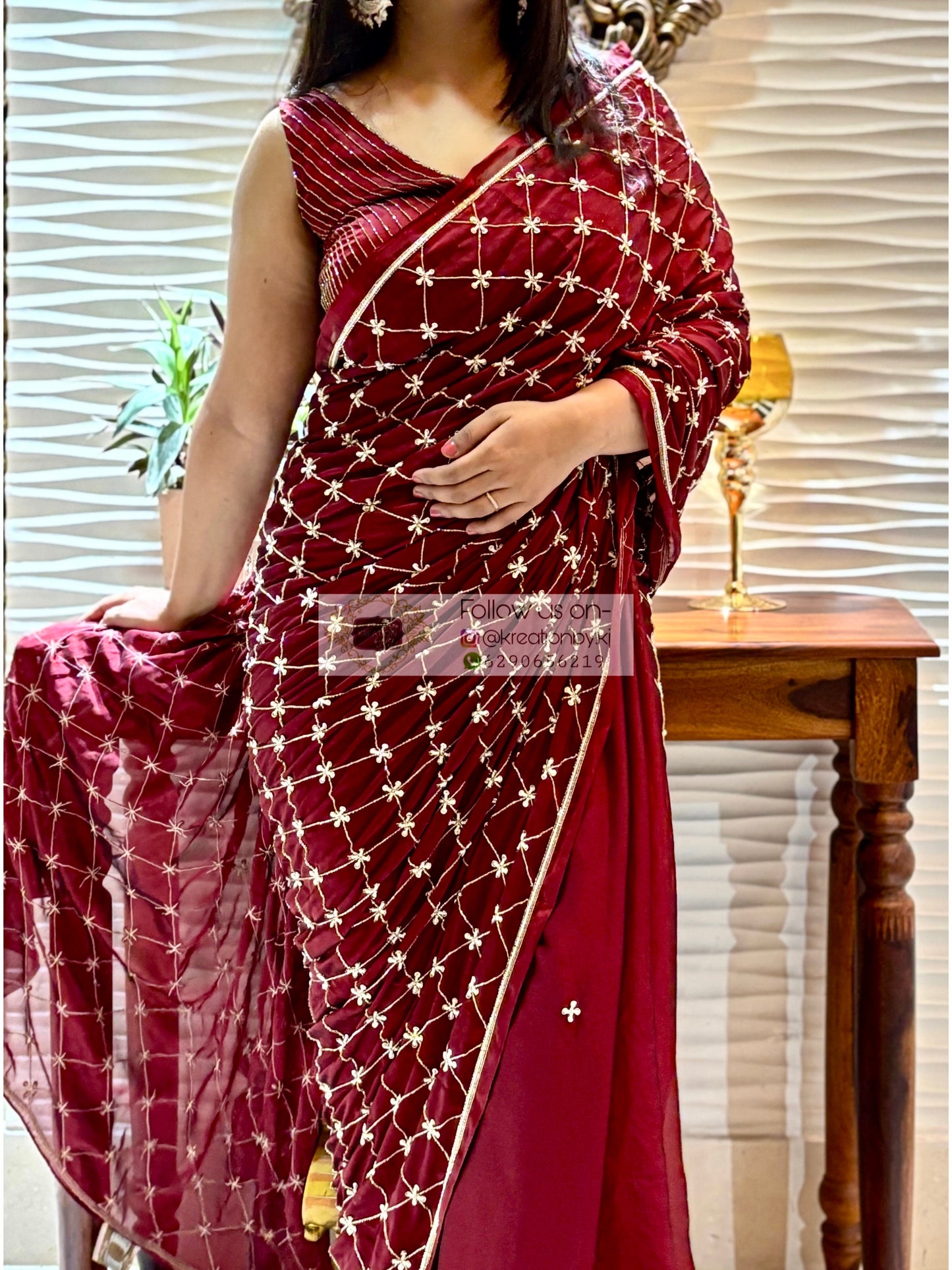 Maroon Georgette Cutdana Jaal Saree kreationbykj