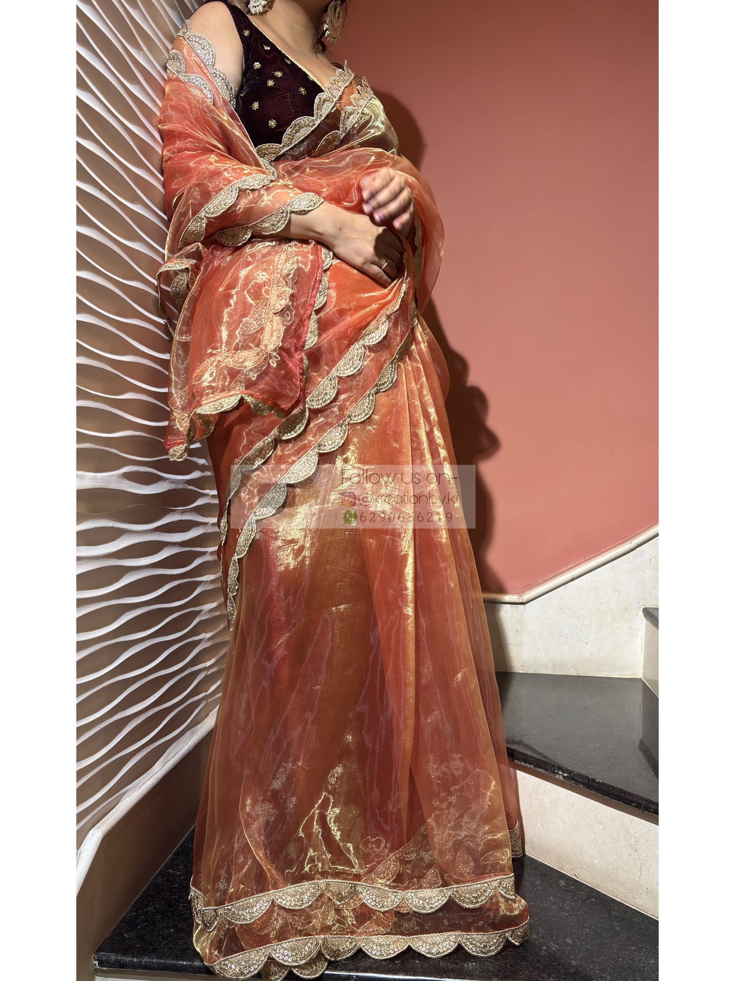 Marigold Glass Tissue Scalloped Border Saree