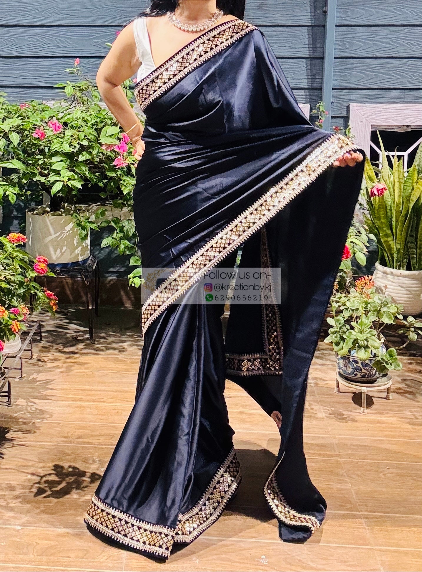 Dark Navy Blue Satin Silk Saree with Black Border kreationbykj