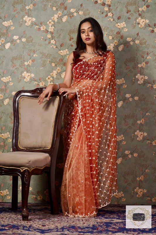 Marigold Glass Tissue Mehraab Jaal Saree kreationbykj