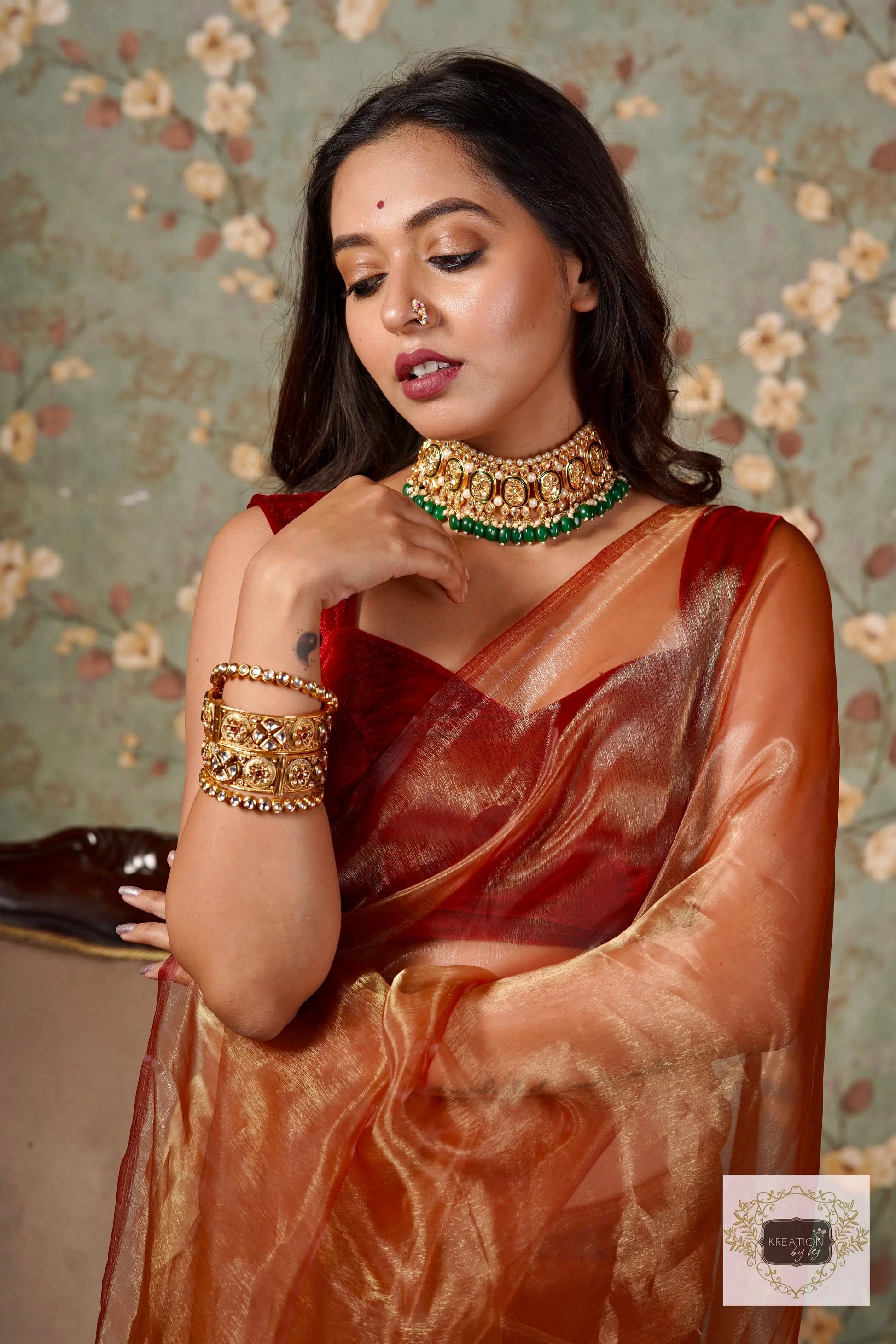 Golden Auburn Glass Tissue Saree kreationbykj