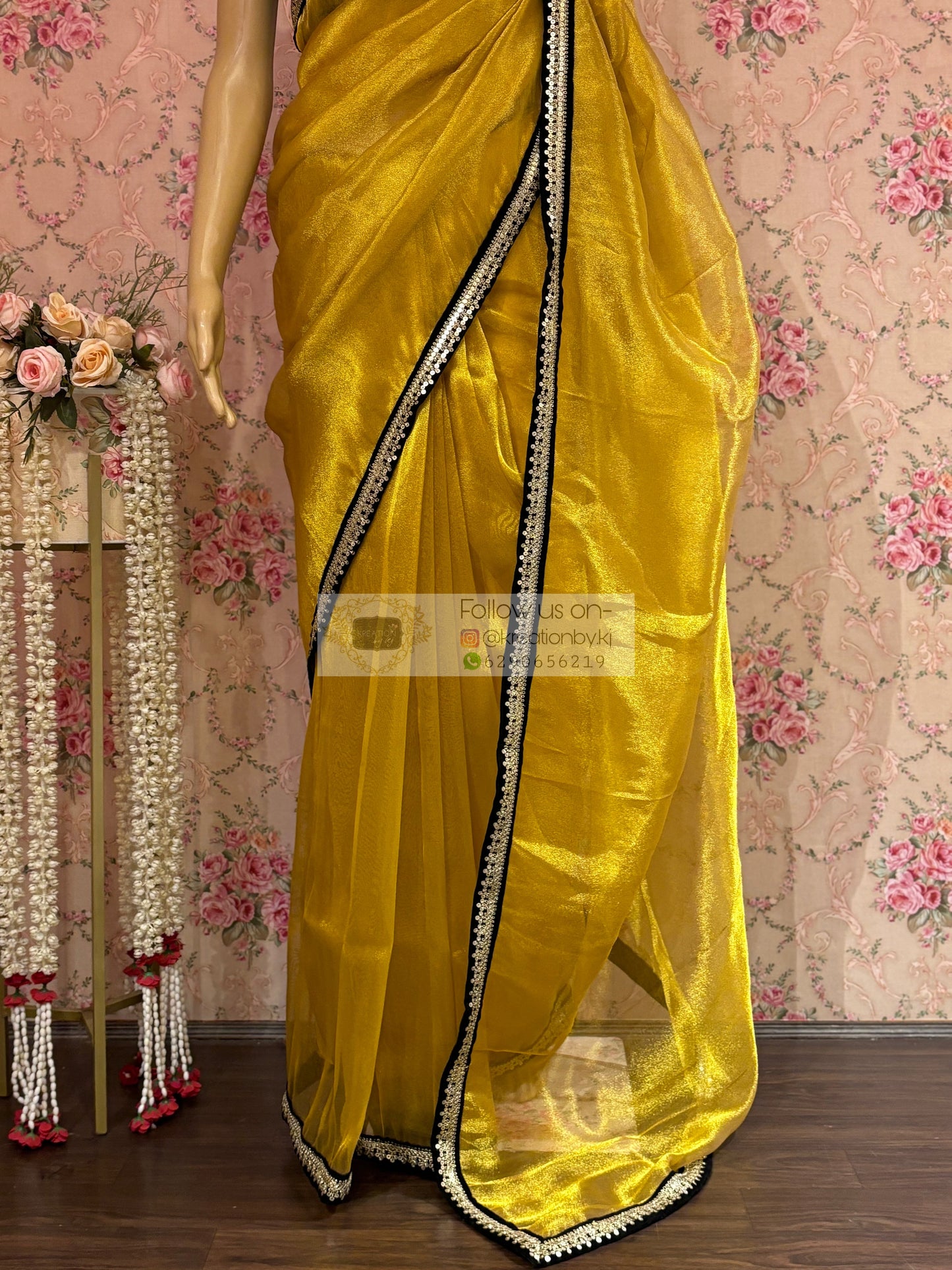 Golden Yellow Zari Tissue Cocktail Saree kreationbykj