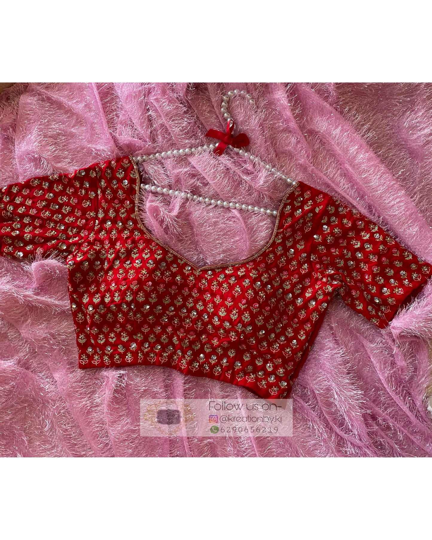 Red Handembroidered Floral Bridal Blouse Piece kreationbykj
