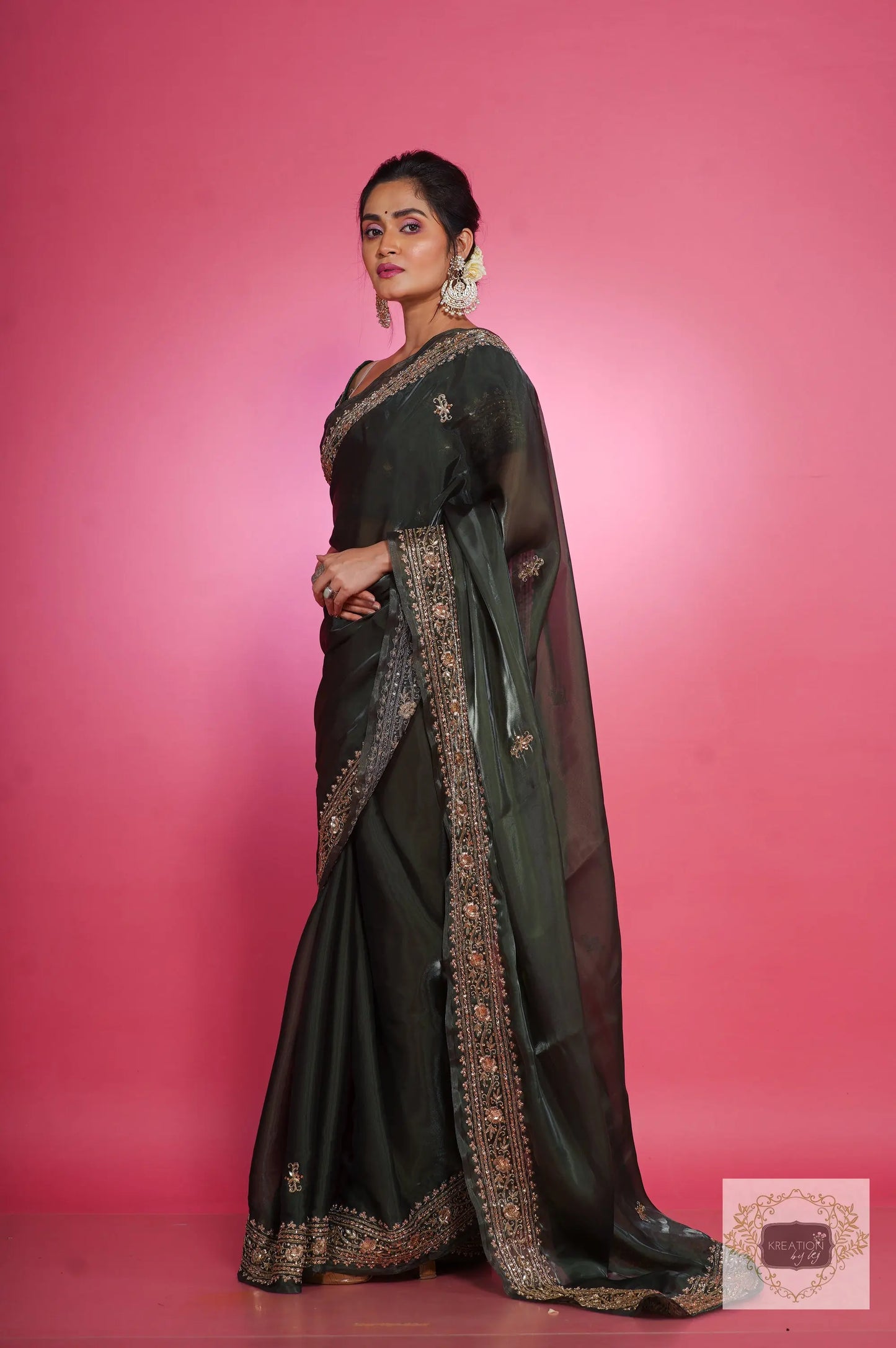 Dark Green Zarina Glassy Organza Saree kreationbykj