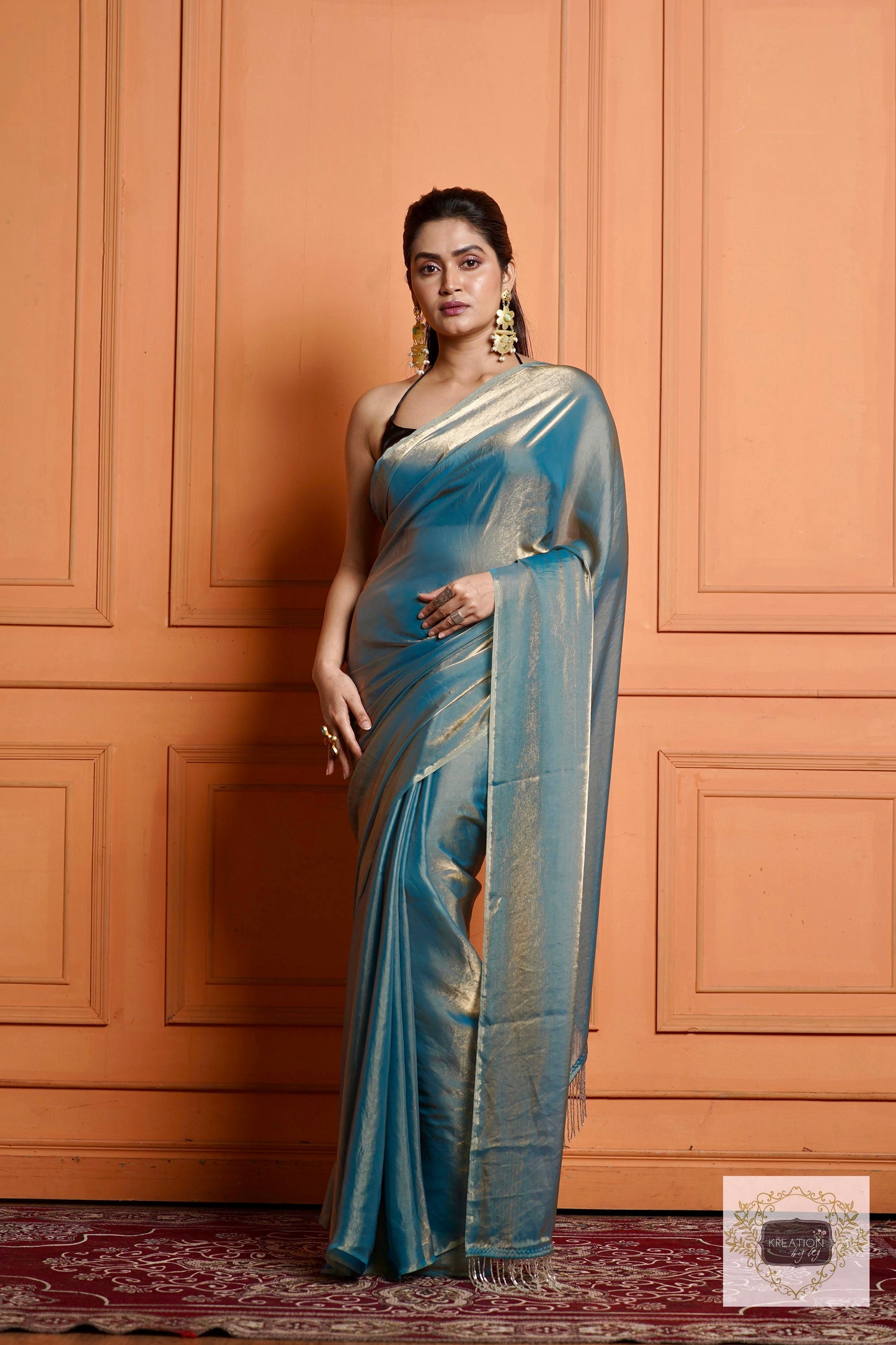 Teal Blue Metallic Shimmer Satin Saree kreationbykj