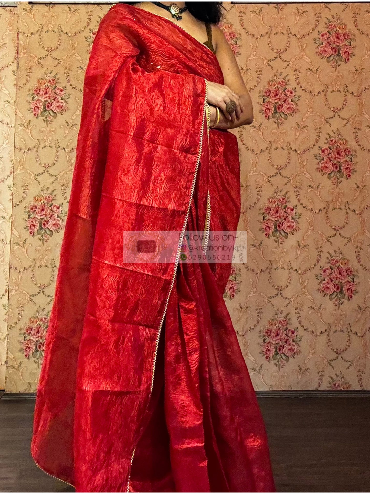 Red Crushed Tissue Saree with Golden Border kreationbykj