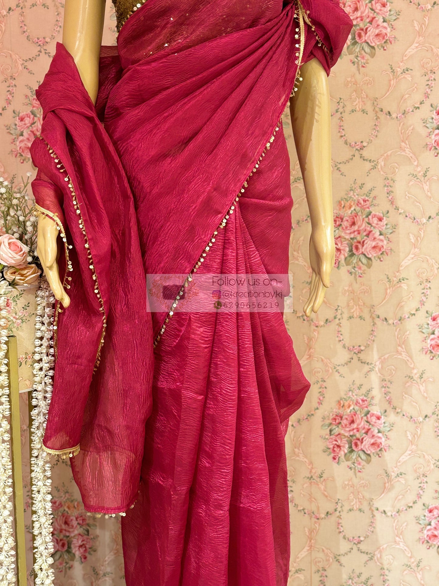 Magenta Pink Crushed Tissue Saree kreationbykj
