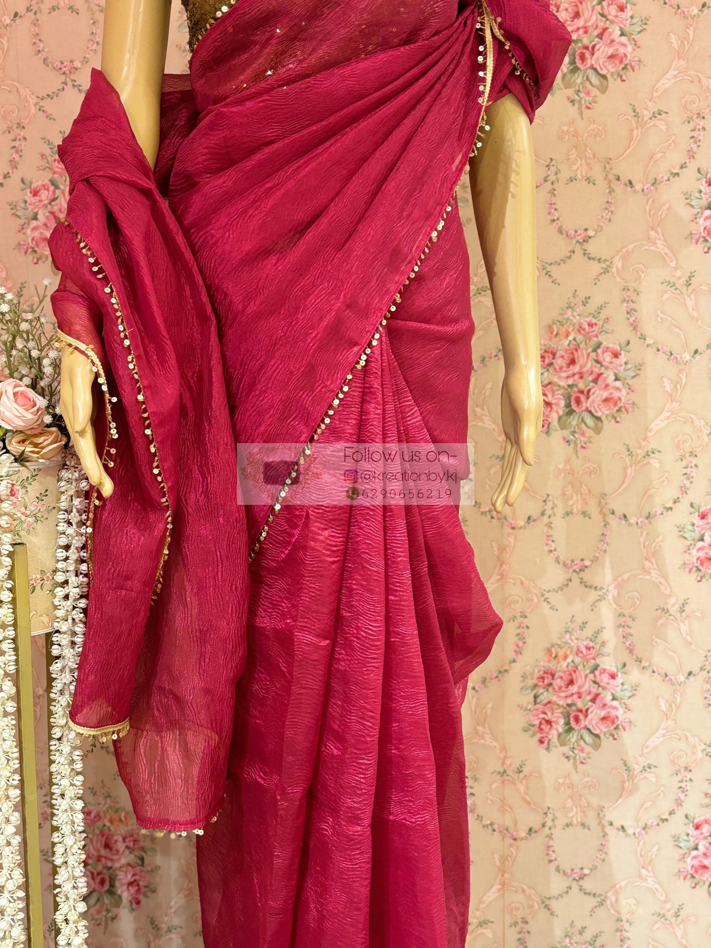 Magenta Pink Crushed Tissue Saree kreationbykj