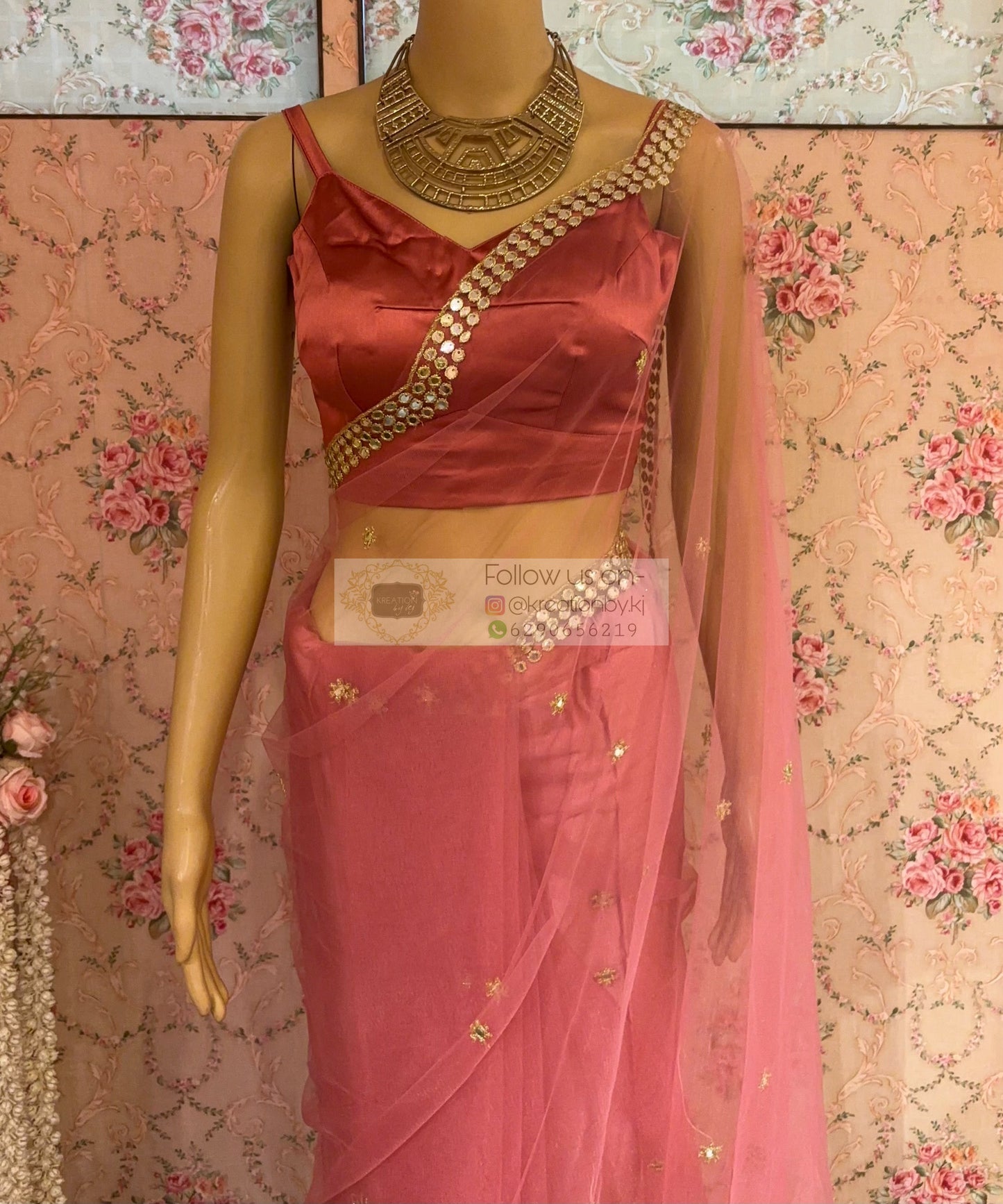 Pastel Pink Net Saree With Mirror Border kreationbykj