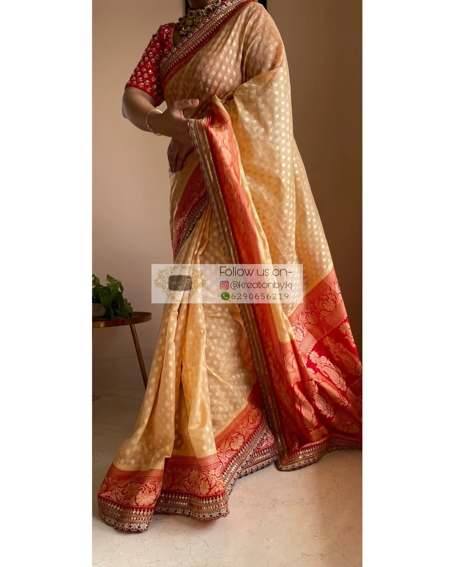Beige Banarasi Georgette Saree with Red Border for Puja kreationbykj