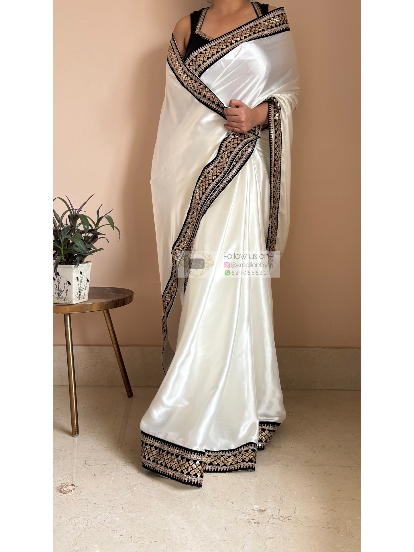 Cream Satin Silk Saree with Black Border Party Wear - kreationbykj