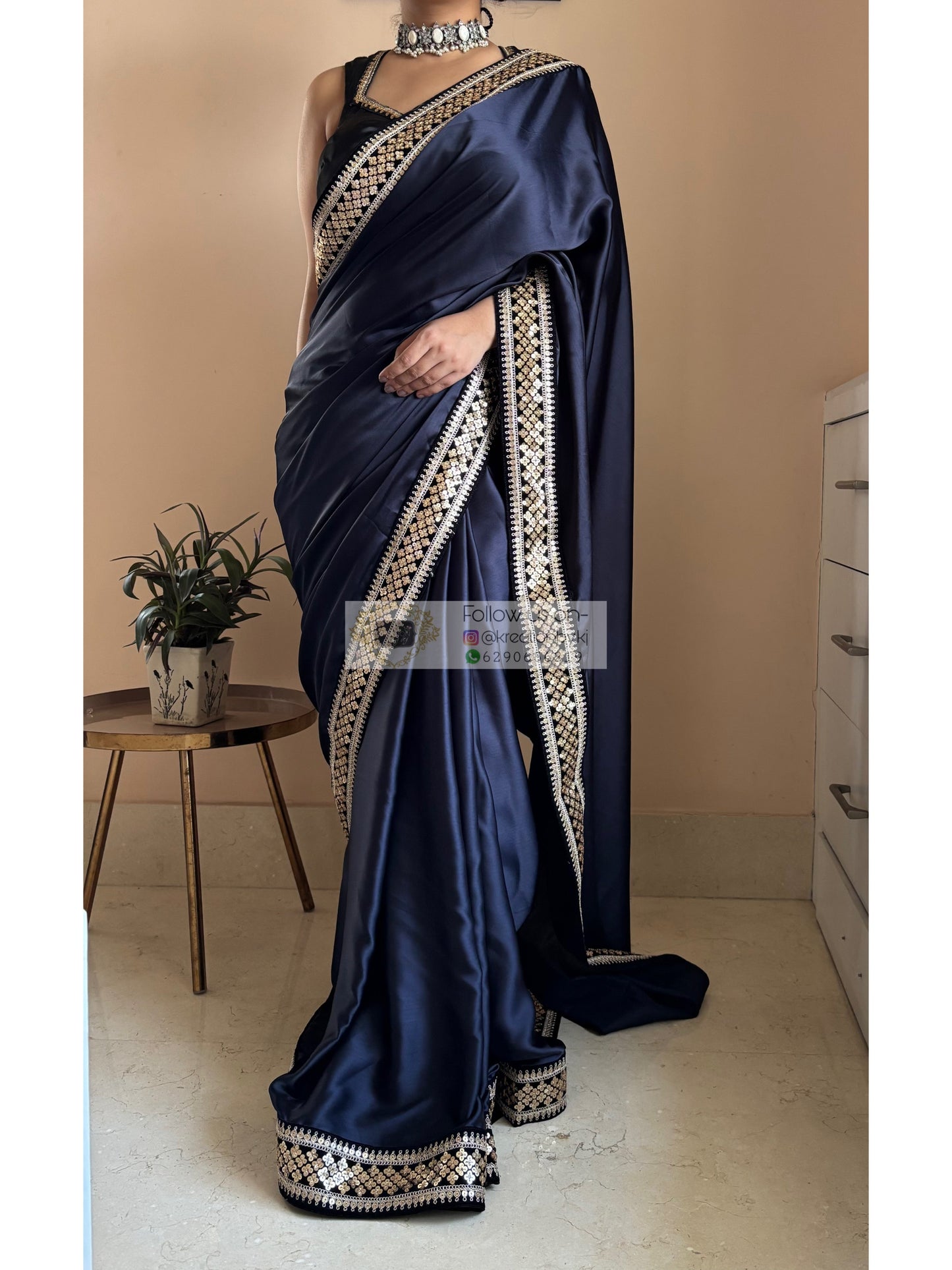 Dark Navy Blue Satin Silk Saree with Black Border kreationbykj