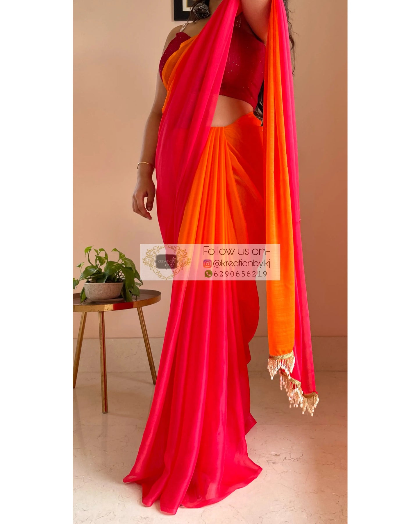 Sunset Ombré Chiffon Saree with Handmade Tassels on Pallu kreationbykj