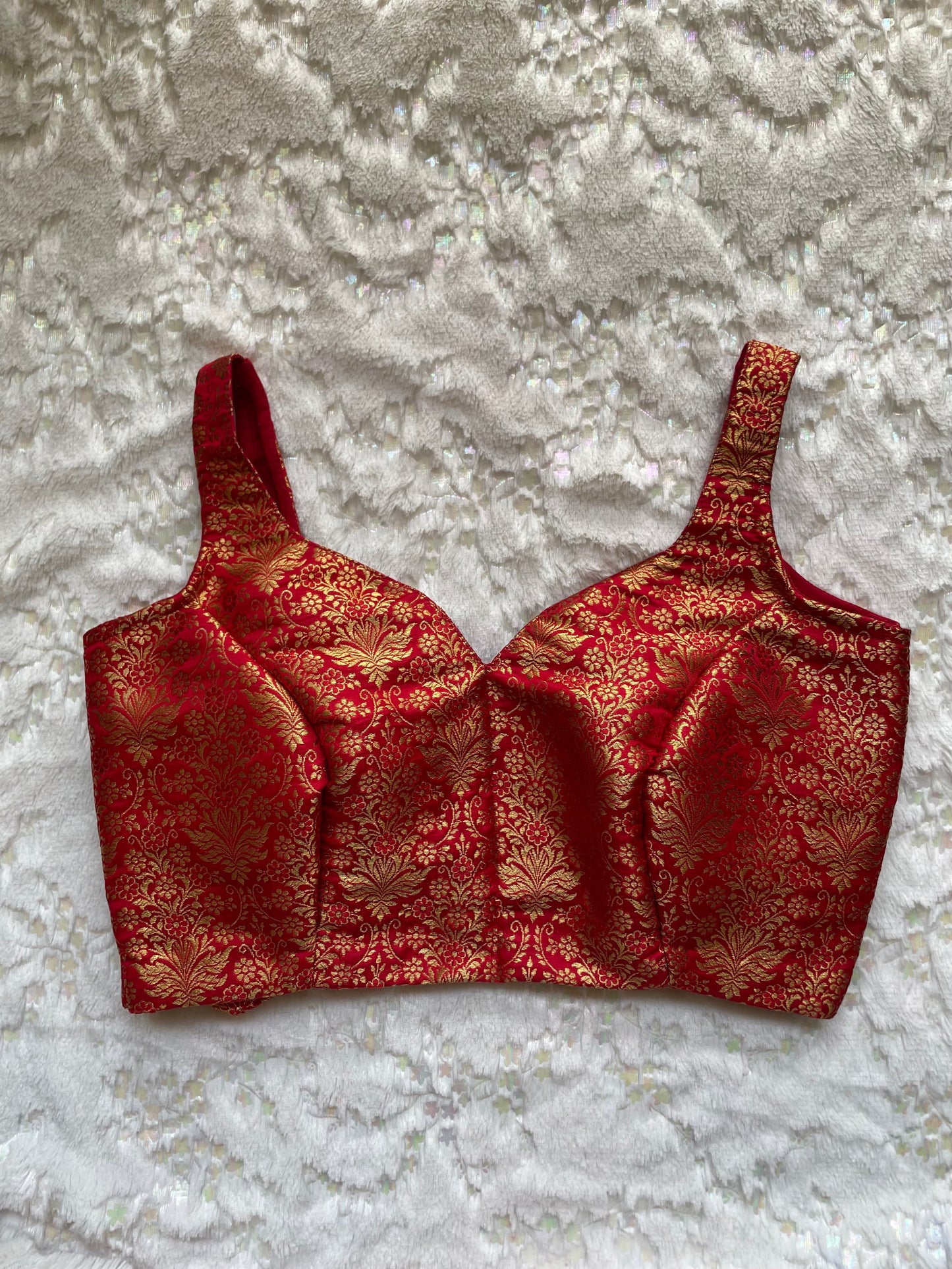 Red Brocade Dome Neck Blouse kreationbykj