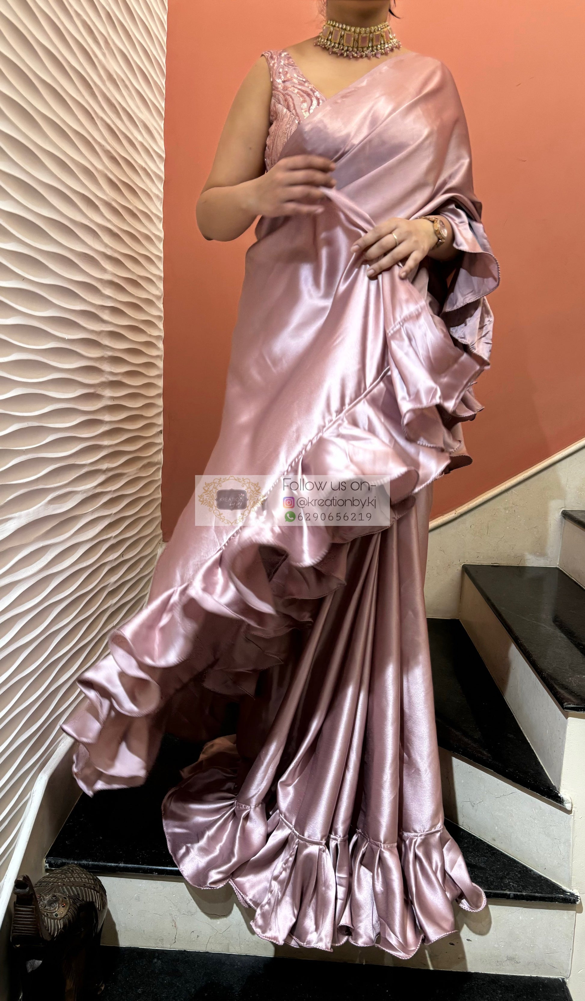Dusk Mauve Satin Silk Ruffle Saree kreationbykj