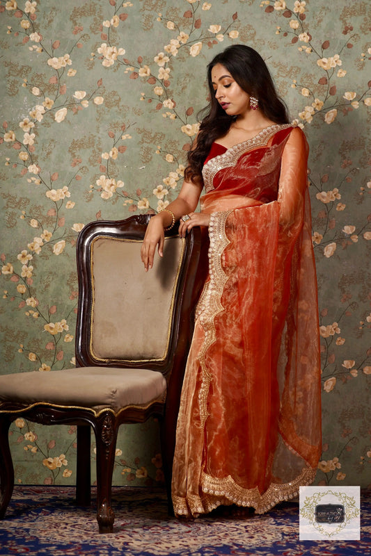 Marigold Glass Tissue Golden Scallop Border Saree kreationbykj