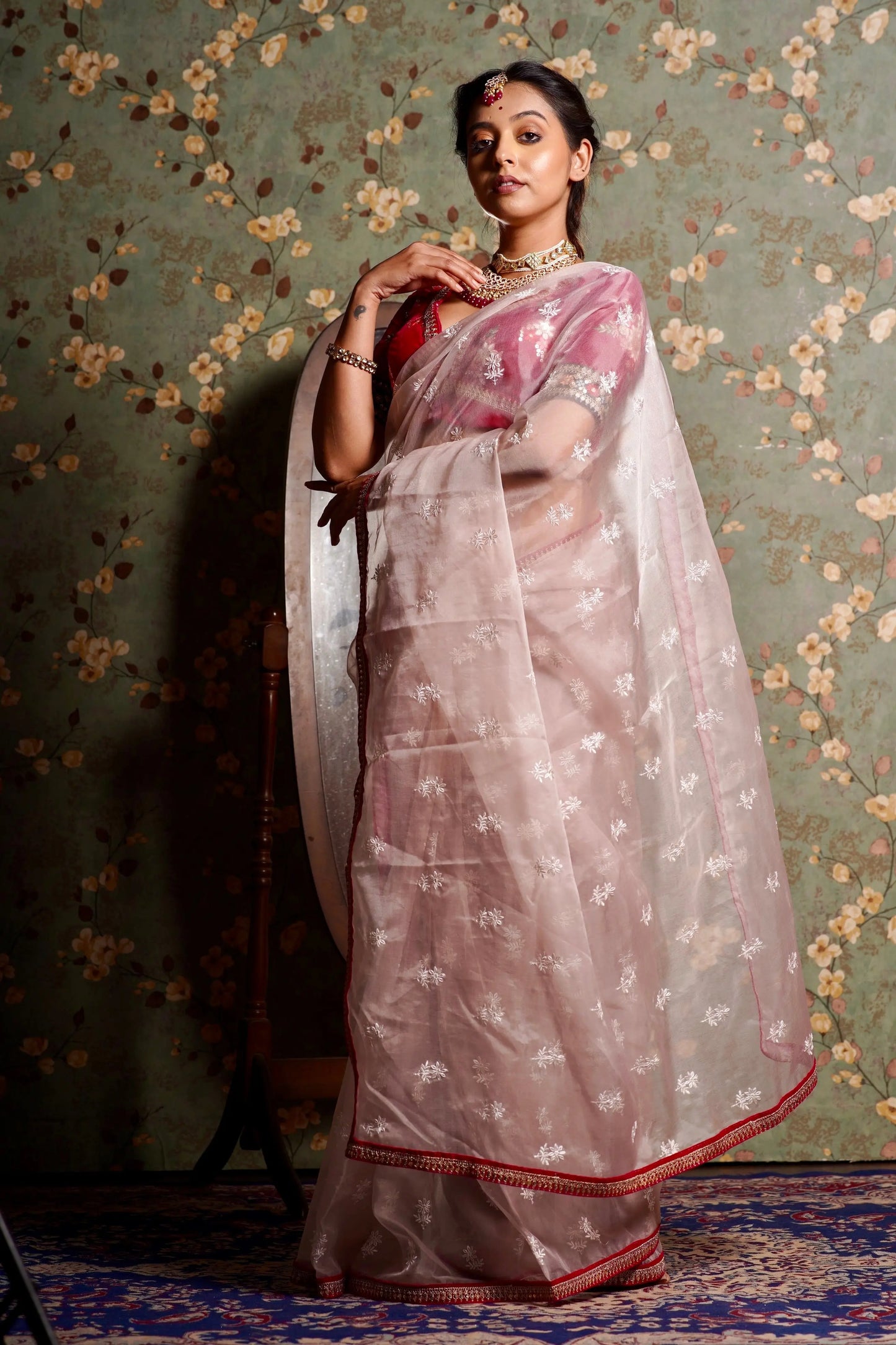 Blush Pink Organza Saree with Rani Pink Border kreationbykj