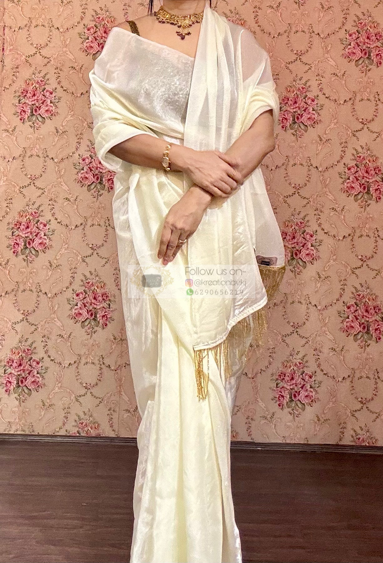 Cream Dream Shimmer Satin Saree - kreationbykj