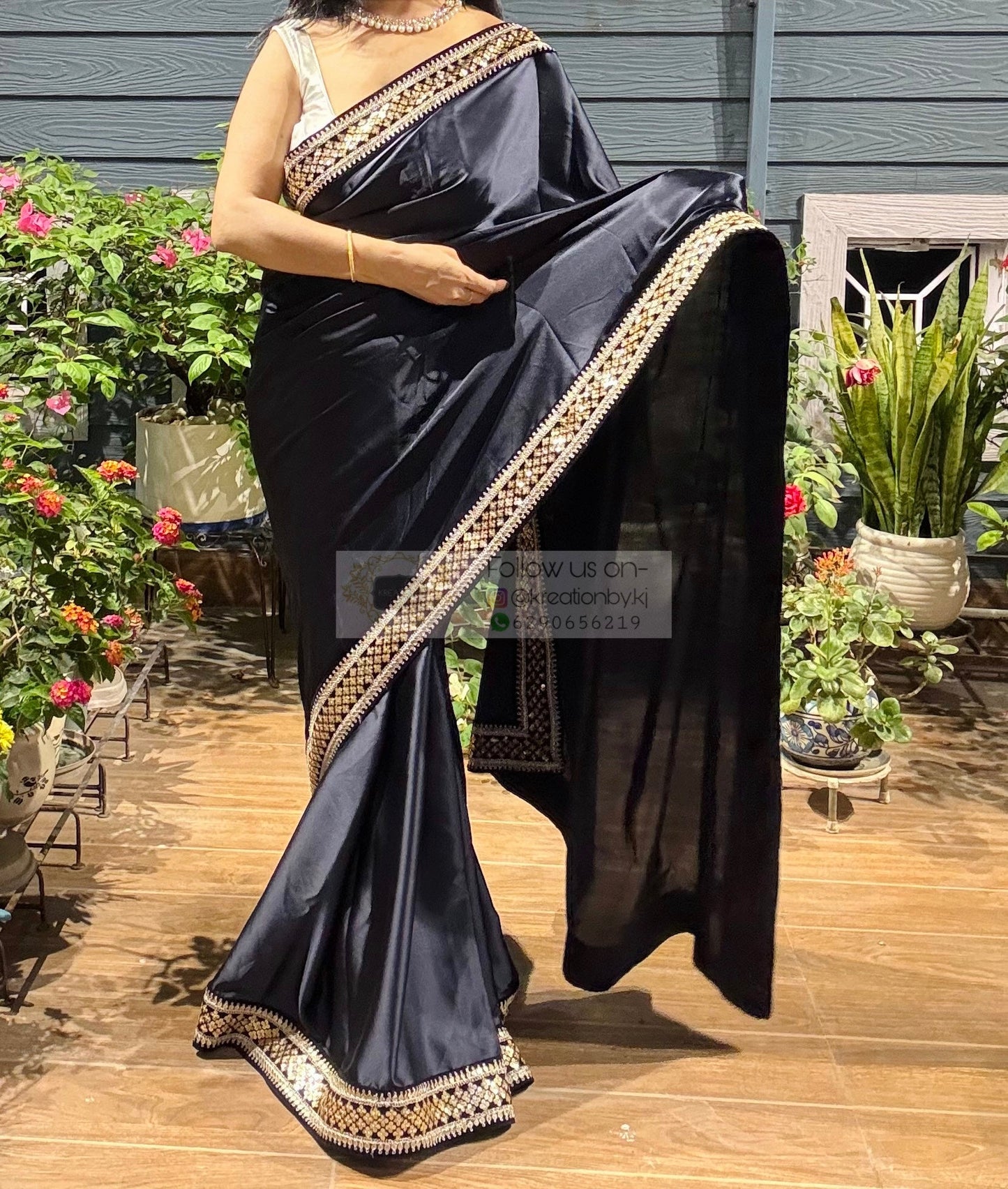 Dark Navy Blue Satin Silk Saree with Black Border kreationbykj