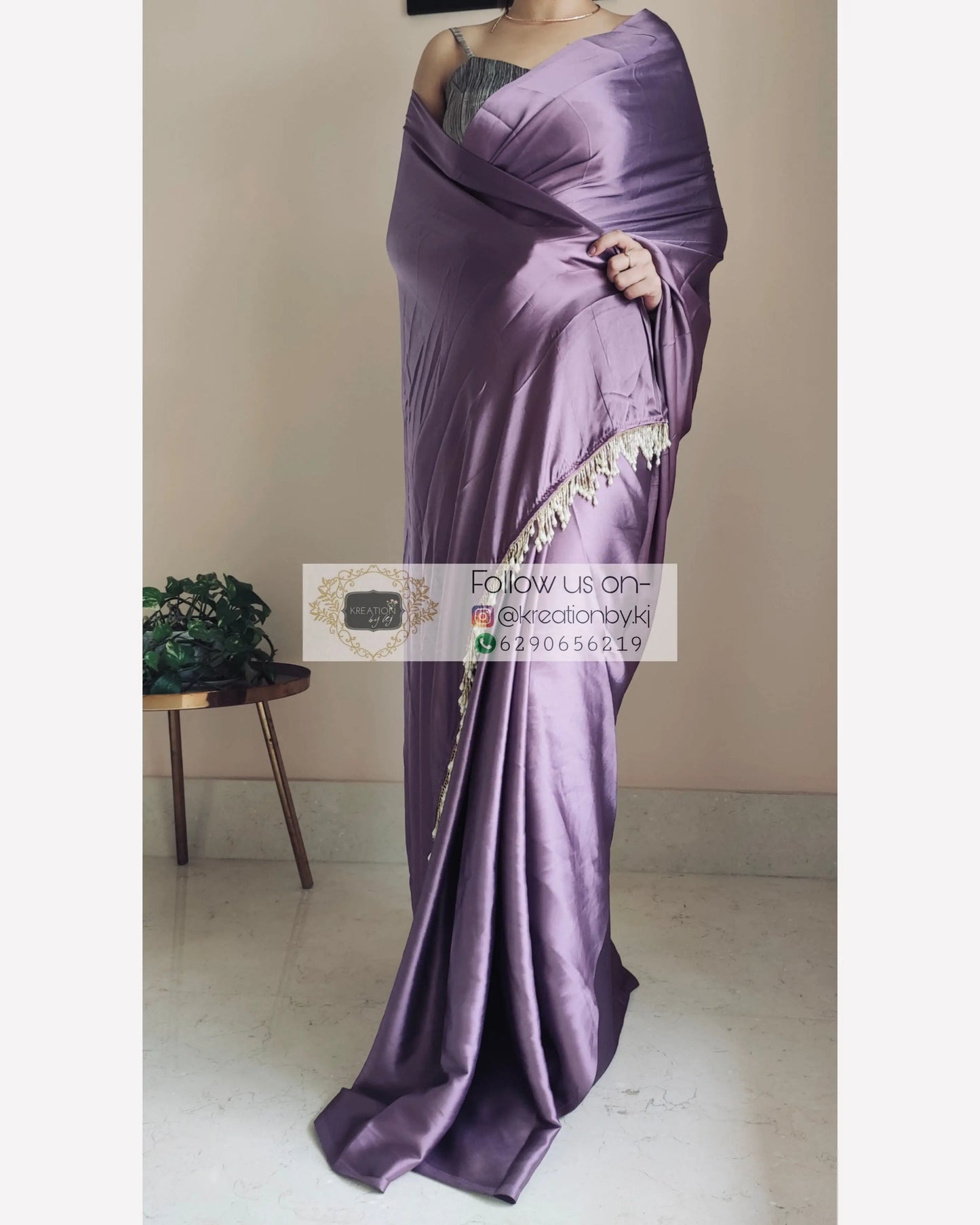 Heather Satin Silk Saree With Handmade Tassels On Pallu kreationbykj.in