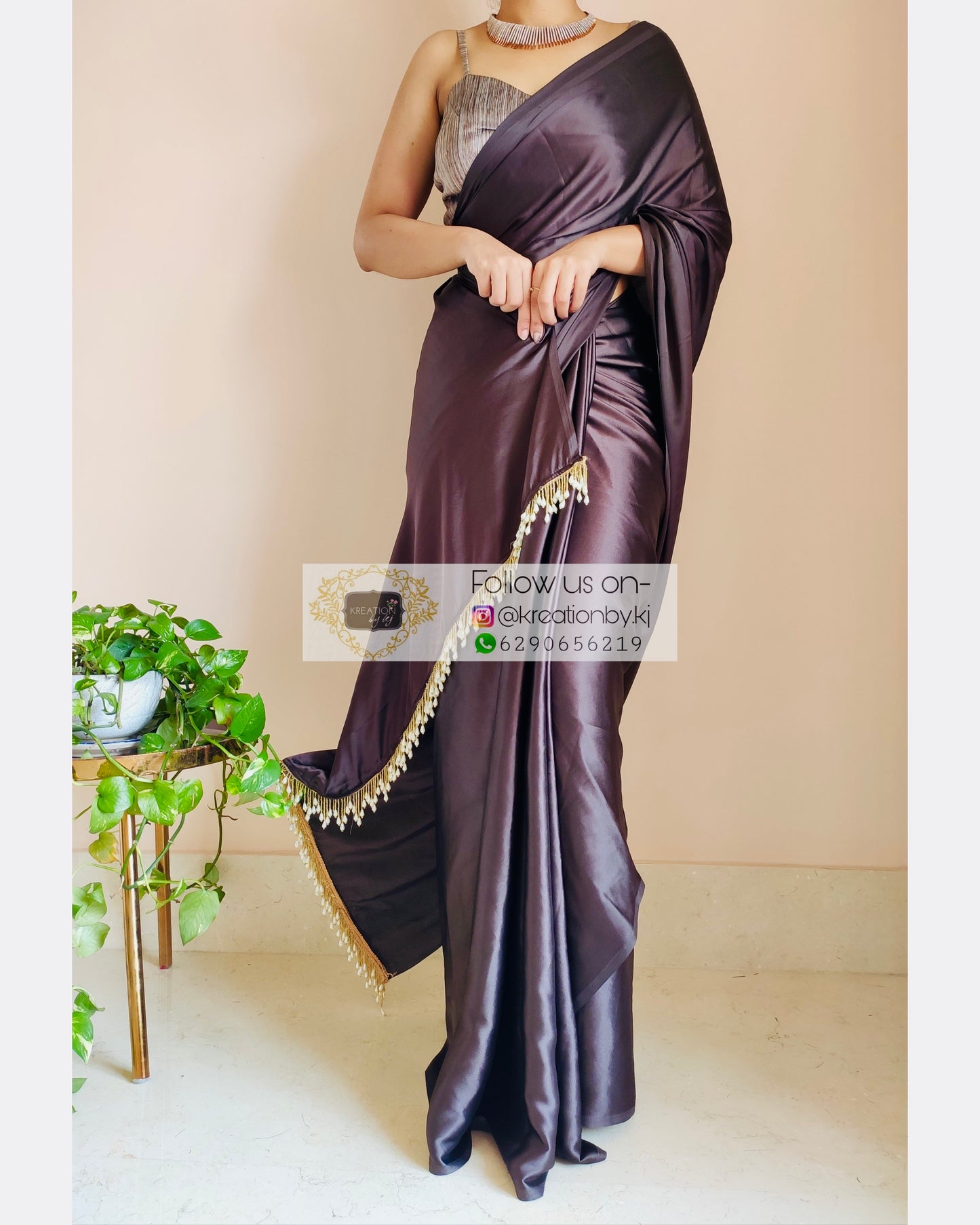Chocolate Brown Satin Silk Saree With Handmade Tassels On Pallu