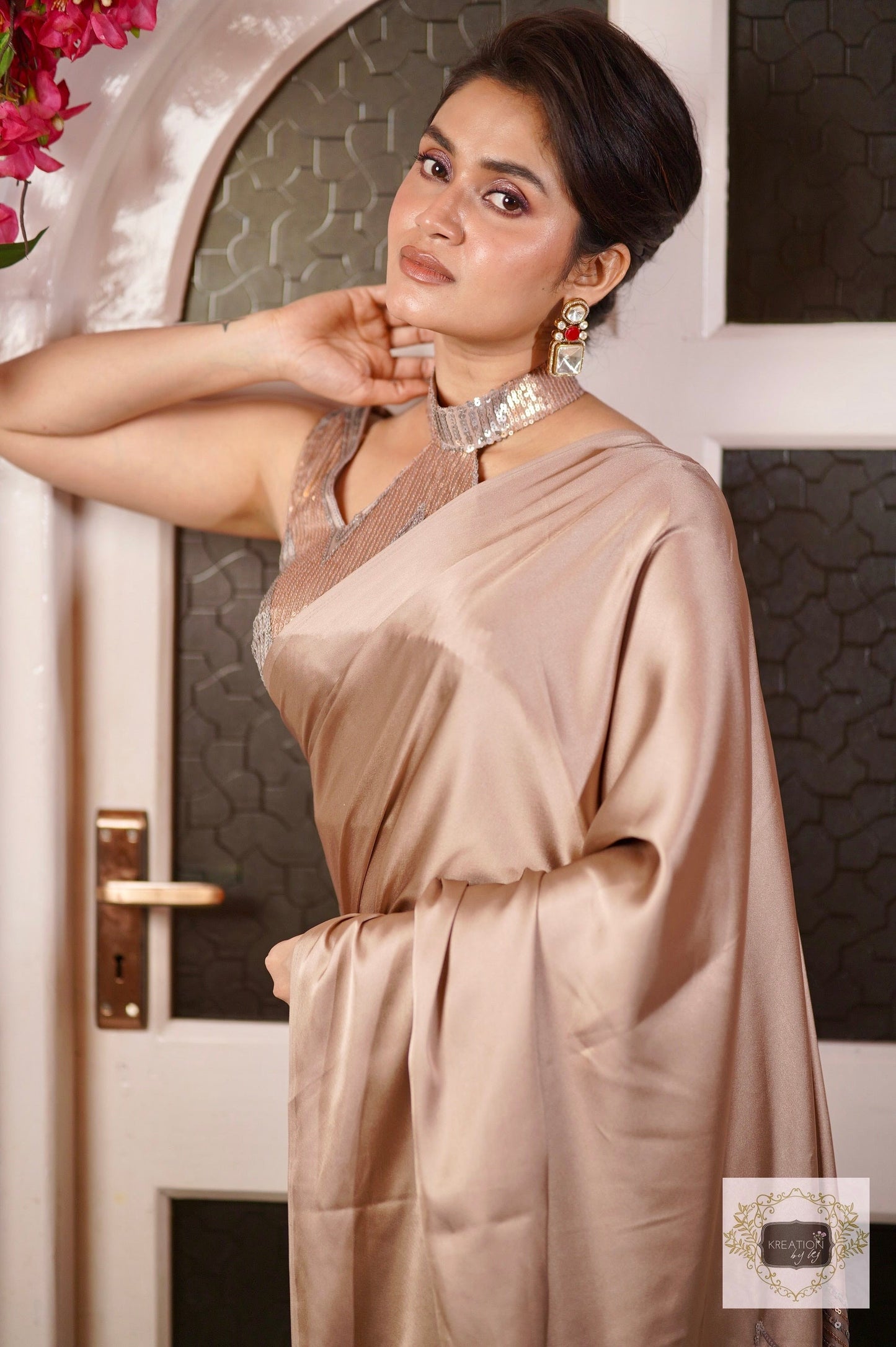 Lilac Satin Embroidered Pallu Saree kreationbykj