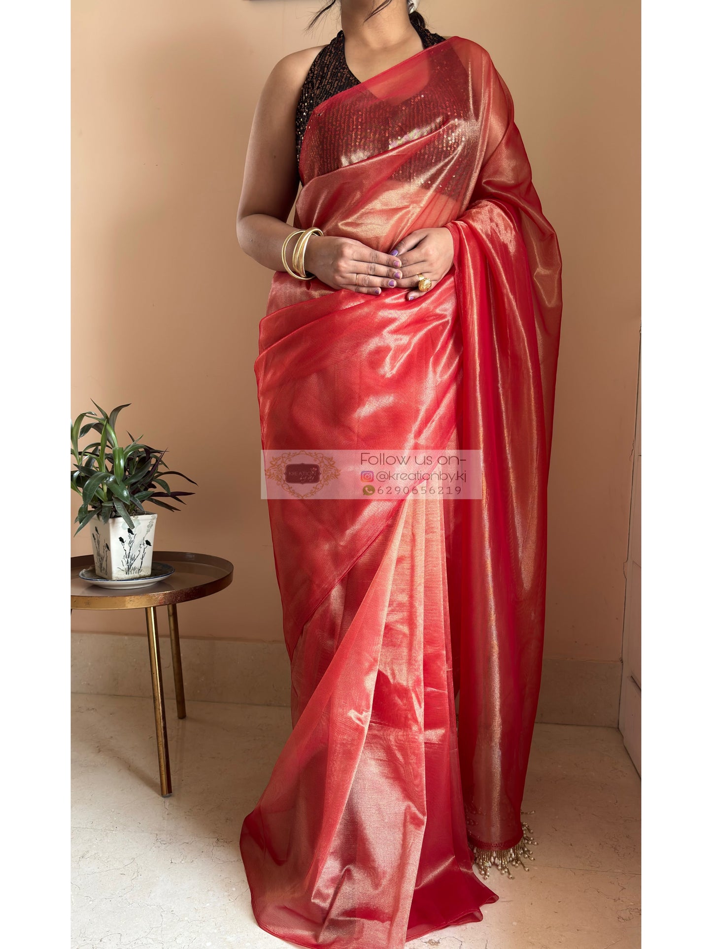 Sunset Orange Tissue Net Saree kreationbykj