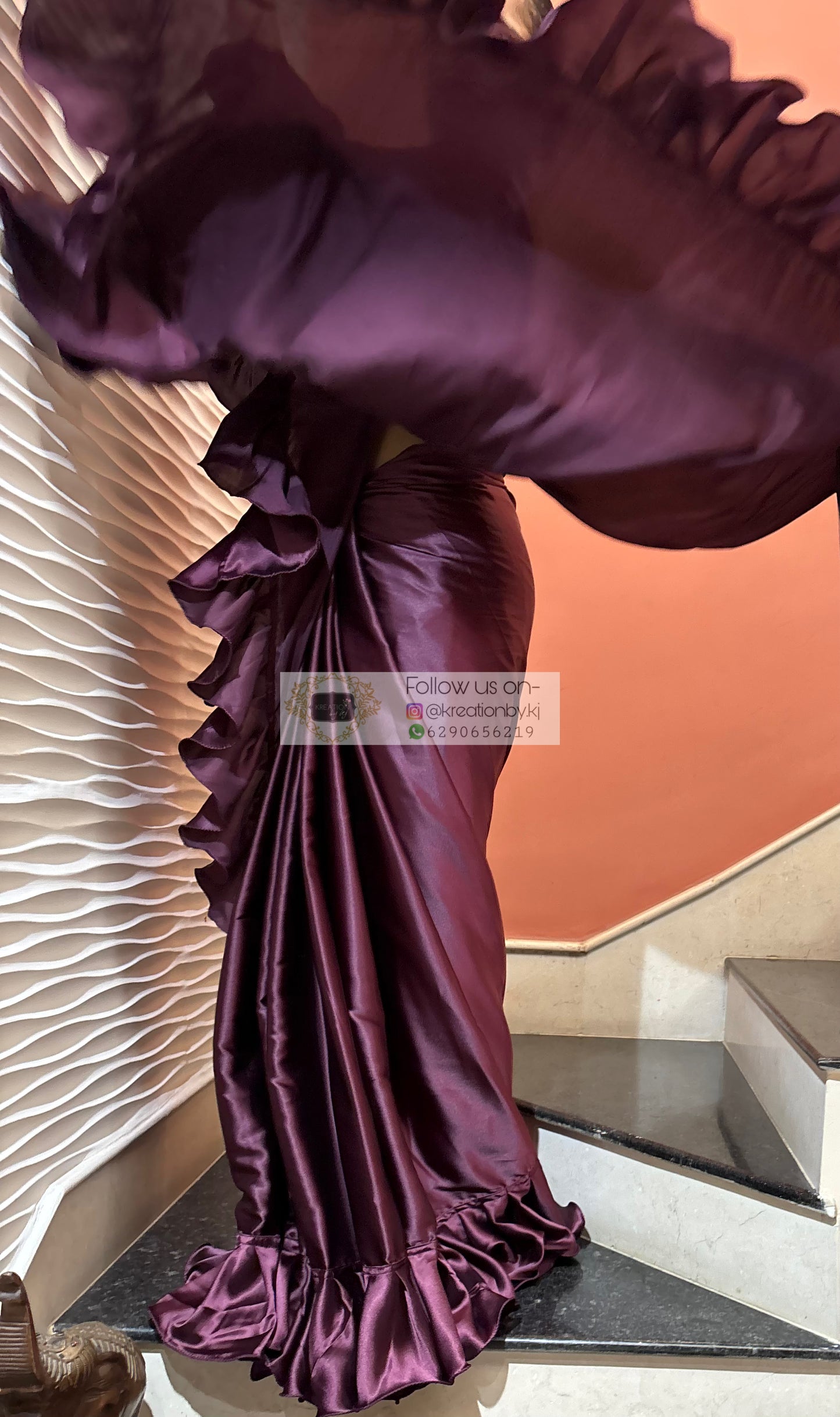 Dark Eggplant Wine Satin Silk Ruffle Saree