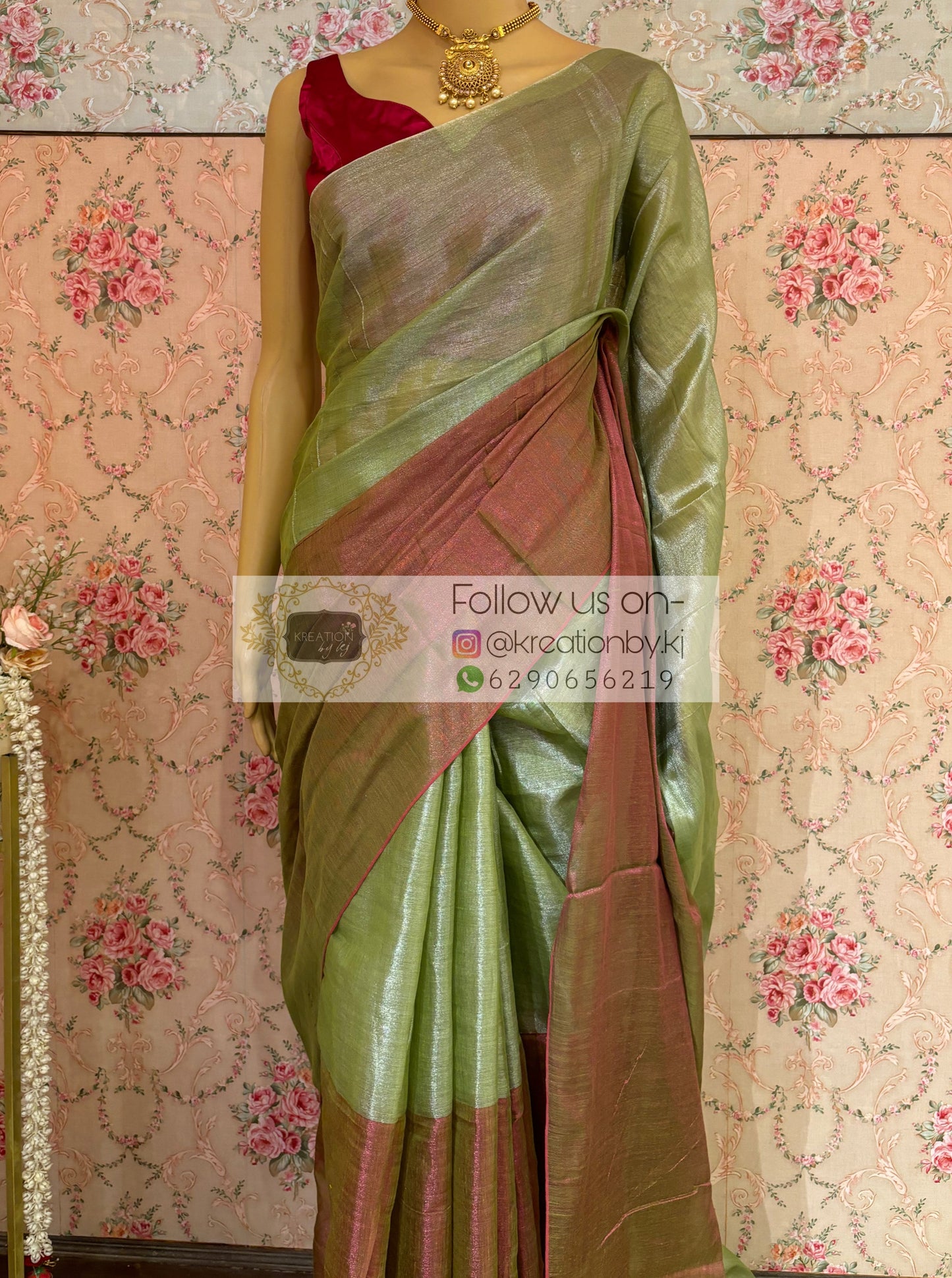 Badam Pista Cotton Tissue Saree kreationbykj