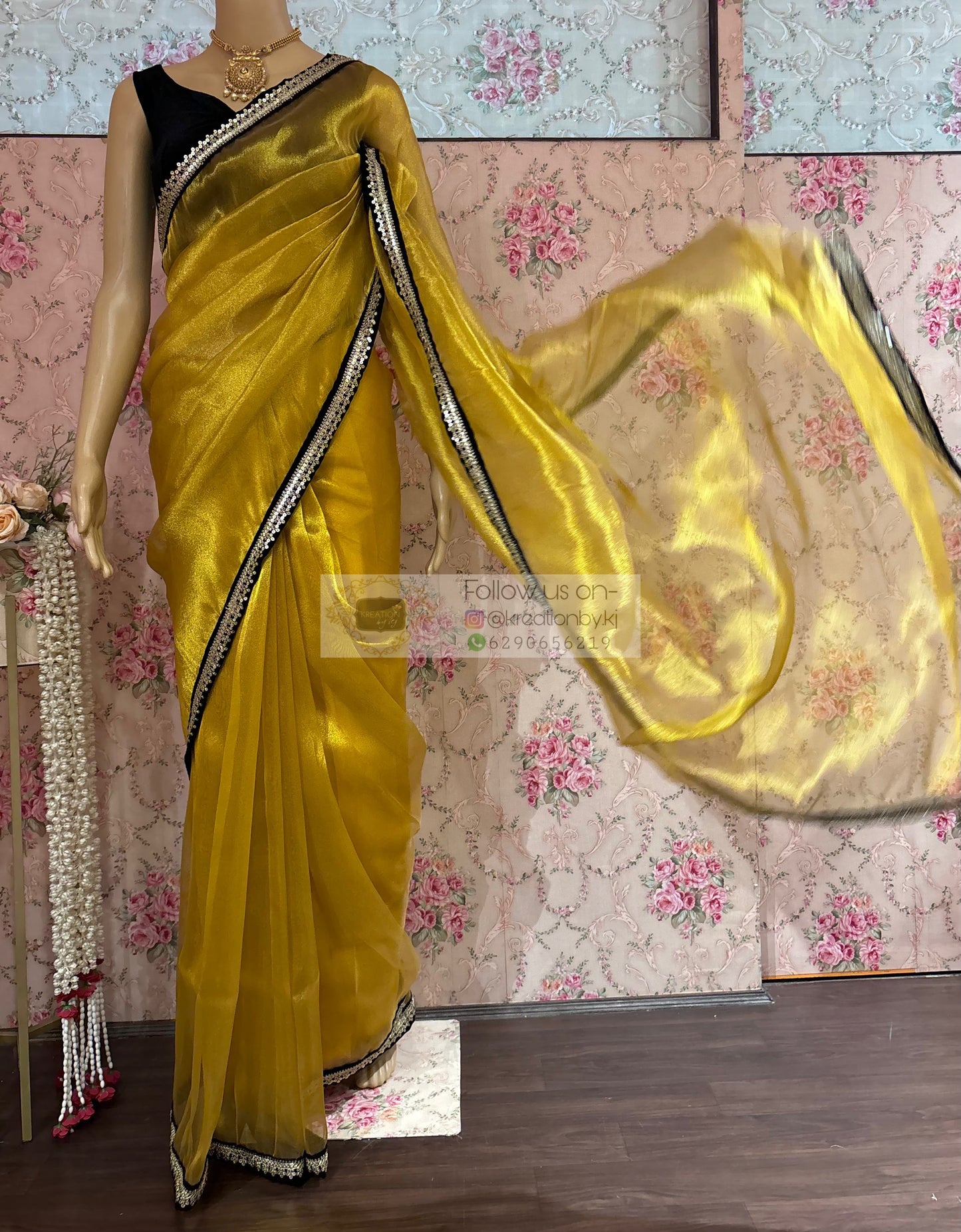 Golden Yellow Zari Tissue Cocktail Saree kreationbykj