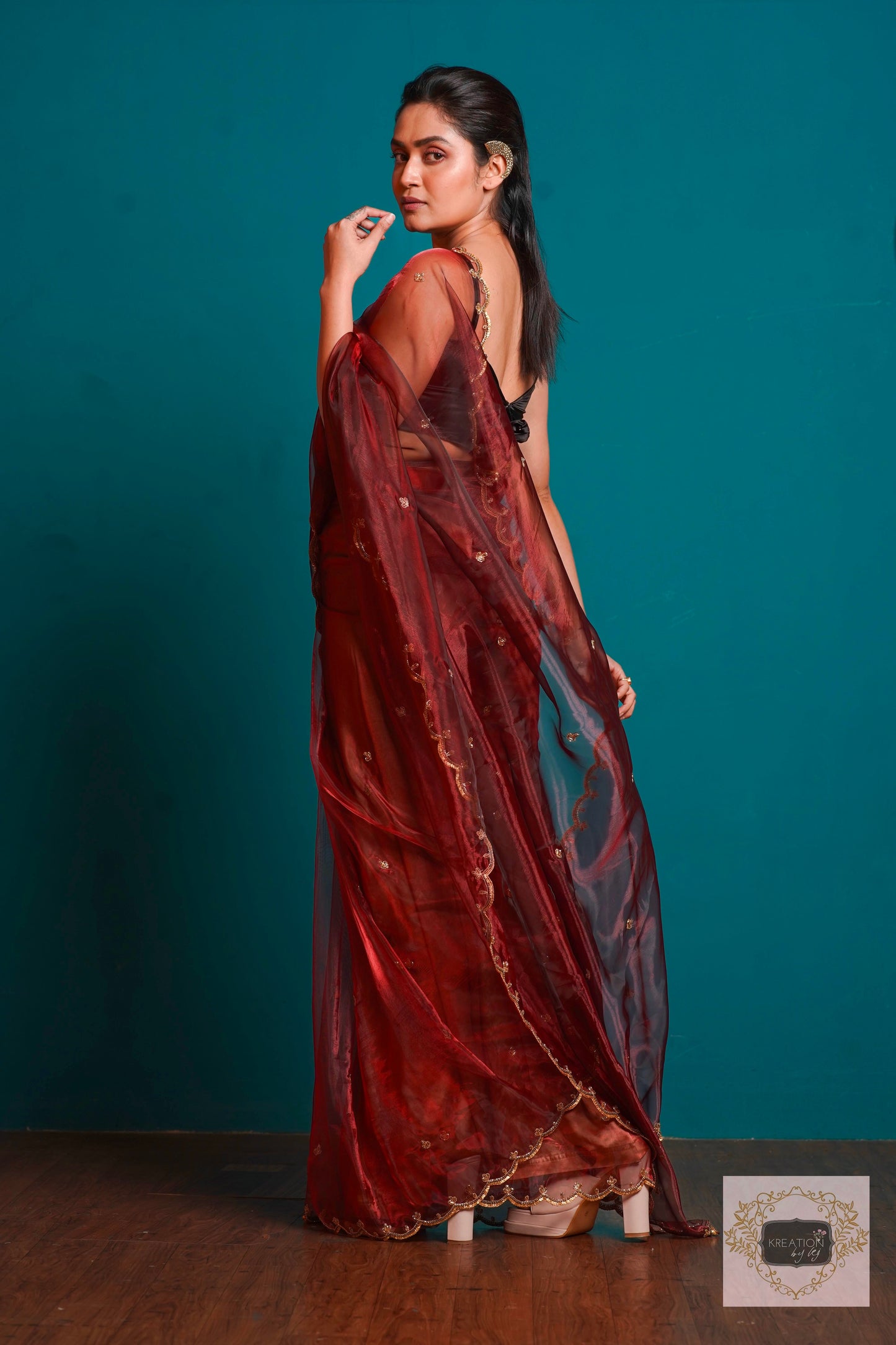 Maroon Glass Tissue Sequin Piyali Saree kreationbykj