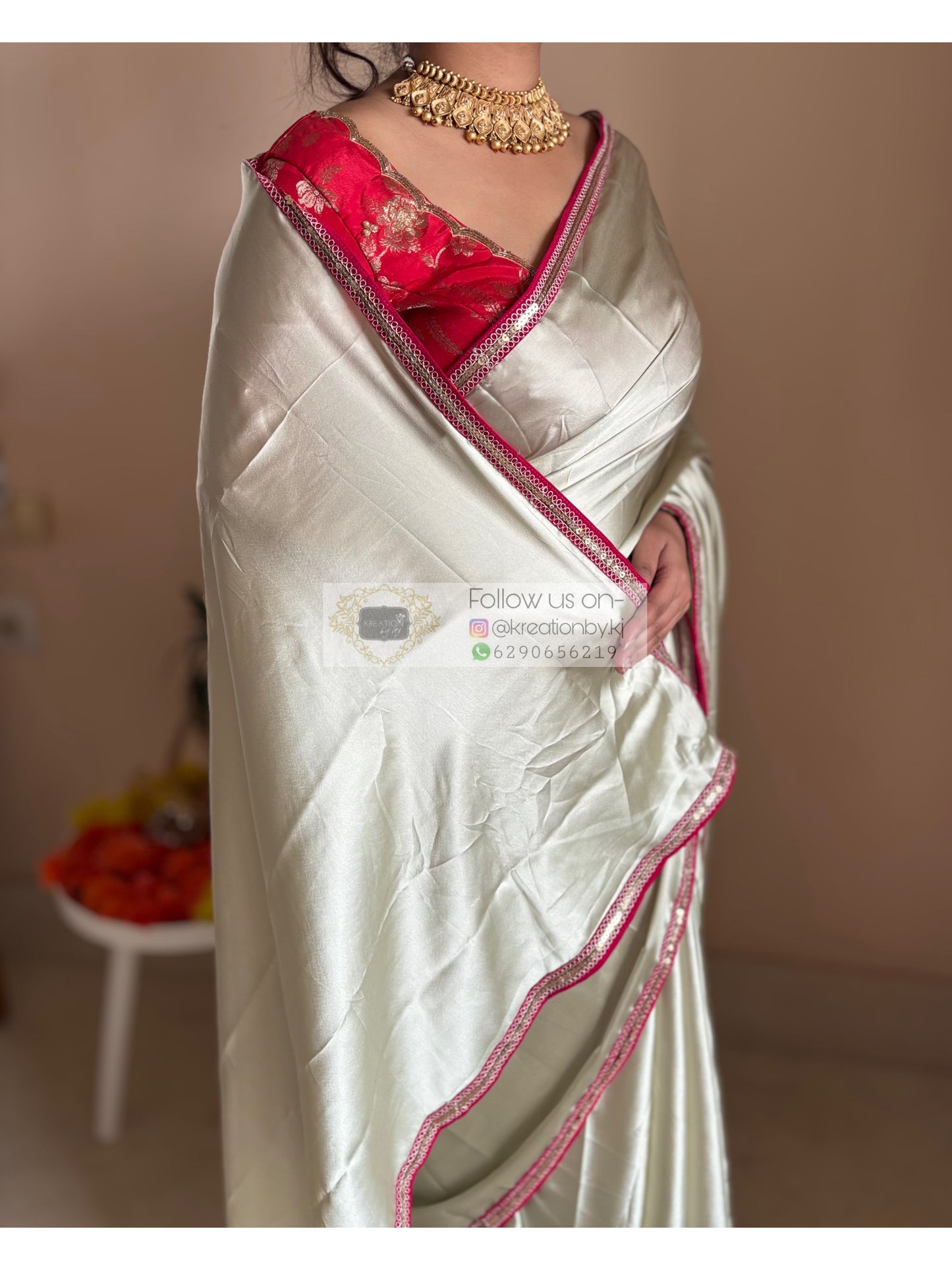 Cream with Green Hues Satin Silk Saree