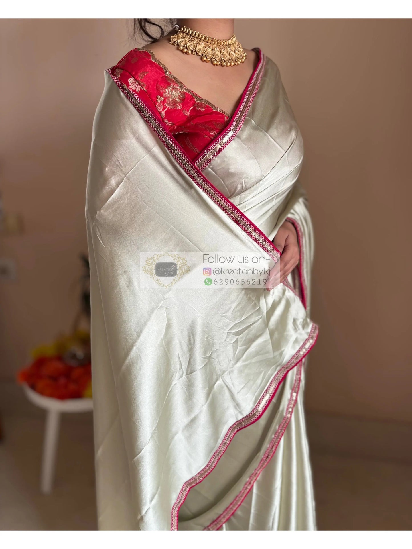 Cream with Green Hues Satin Silk Saree Kreation by KJ