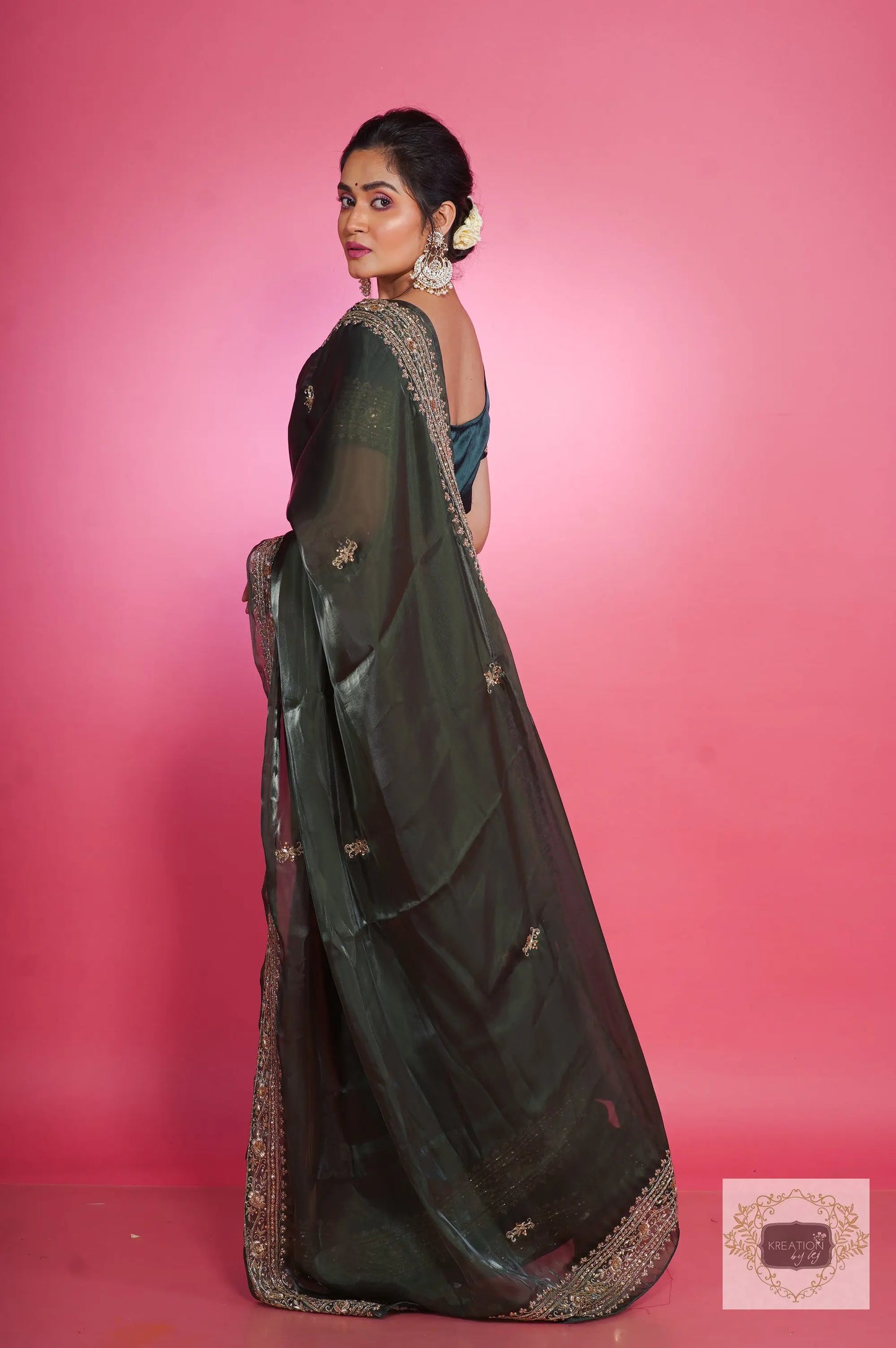 Dark Green Zarina Glassy Organza Saree kreationbykj