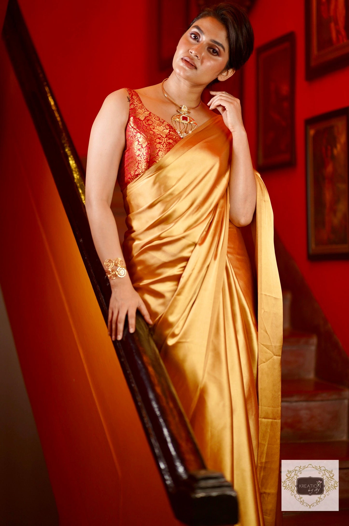 Champagne Gold Satin Saree kreationbykj