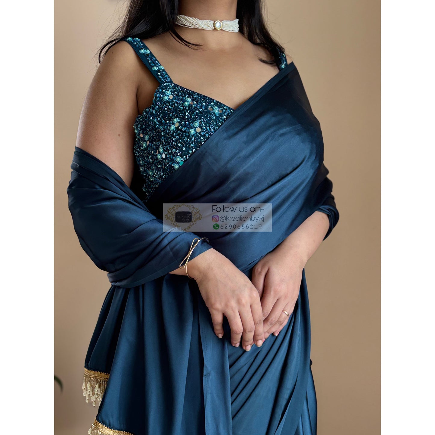 Midnight Blue Satin Silk Saree With Handmade Tassels On Pallu kreationbykj
