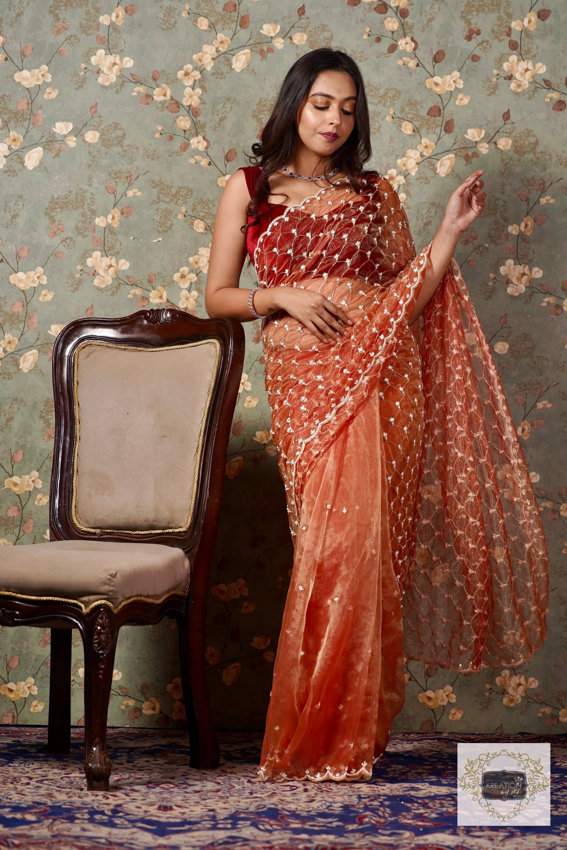 Marigold Glass Tissue Mehraab Jaal Saree kreationbykj