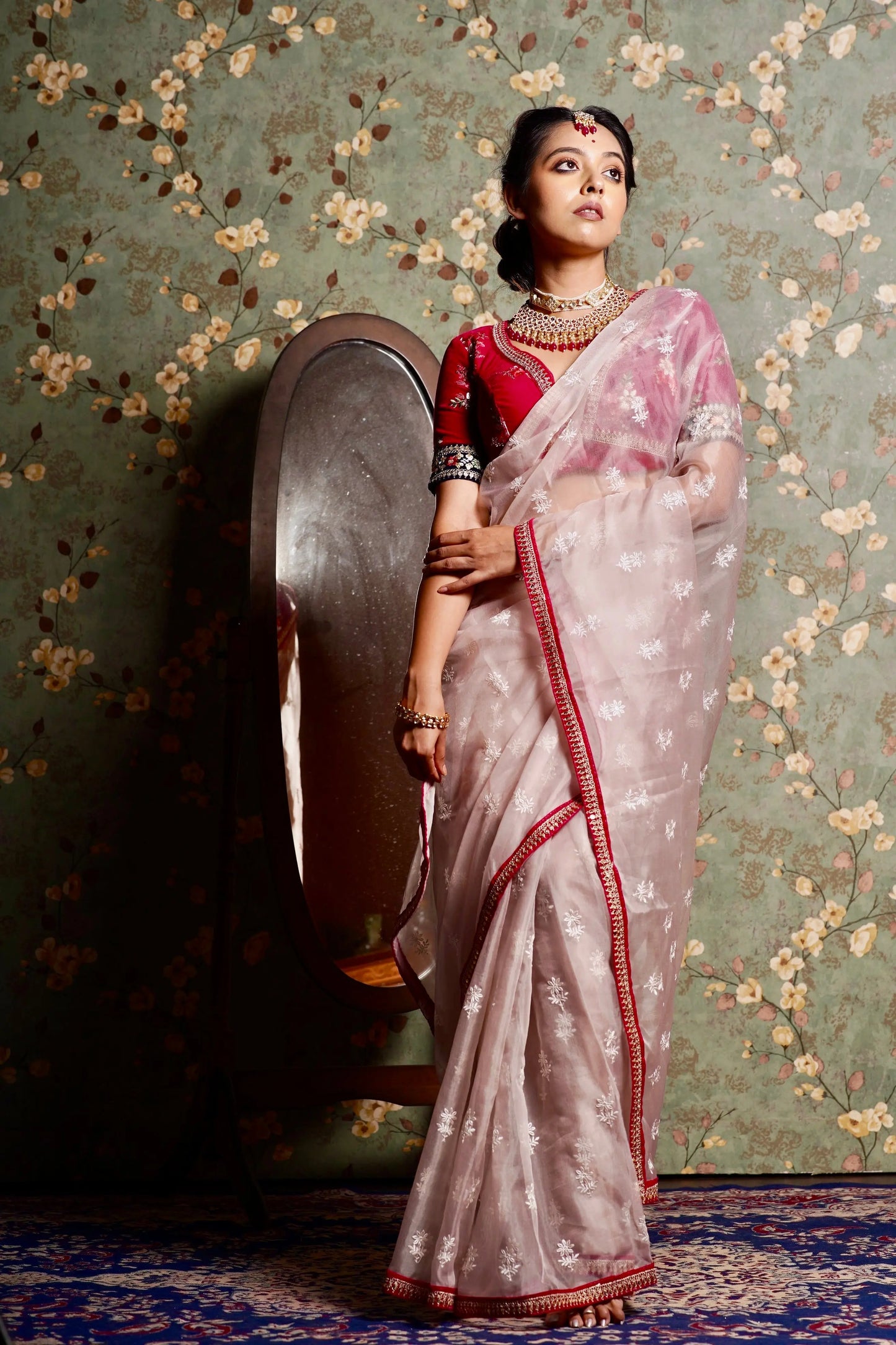 Blush Pink Organza Saree with Rani Pink Border kreationbykj