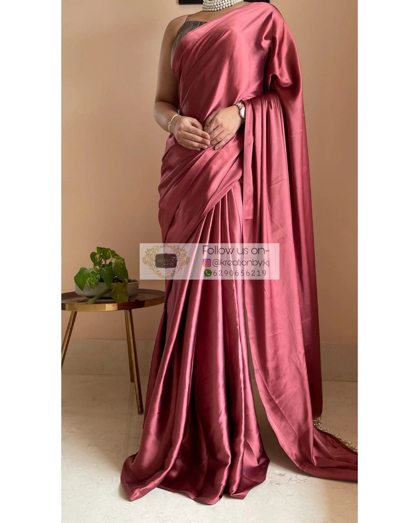 Tea Rose Satin Silk Saree with Handmade Tassels on Pallu kreationbykj