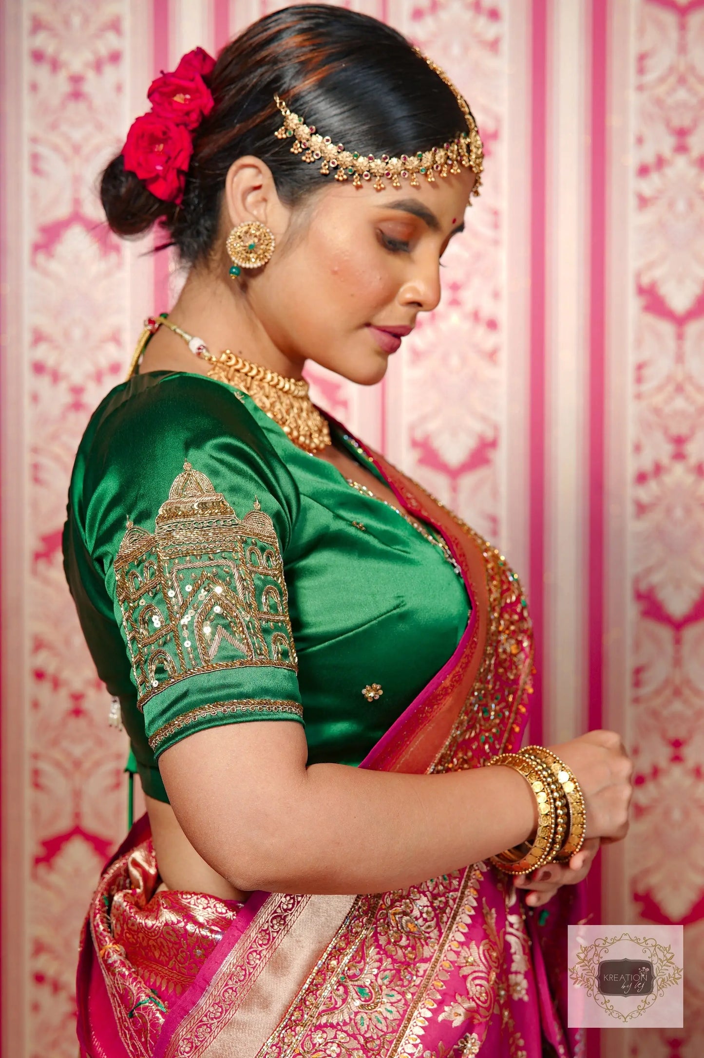 Forest Green Taj Mahal Bridal Blouse Piece kreationbykj