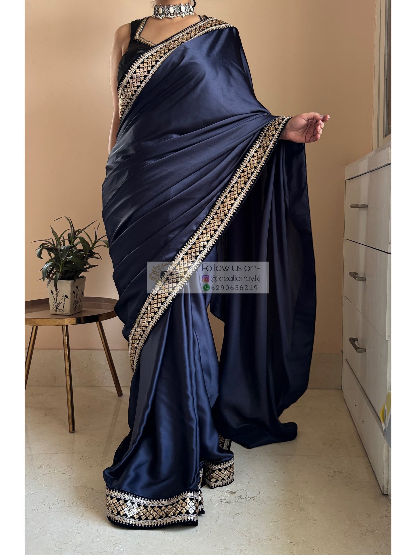 Dark Navy Blue Satin Silk Saree with Black Border kreationbykj