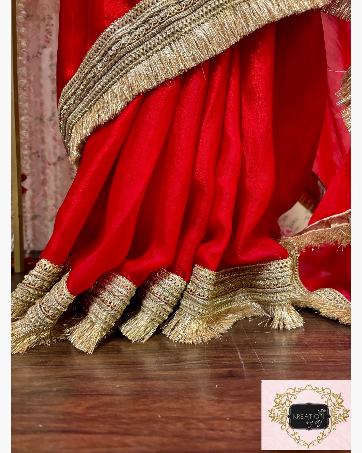 Red Metallic Shimmer Satin Banno Saree kreationbykj