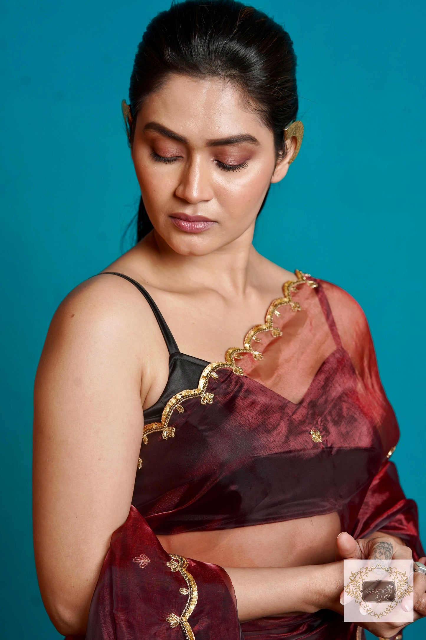 Maroon Glass Tissue Sequin Piyali Saree kreationbykj