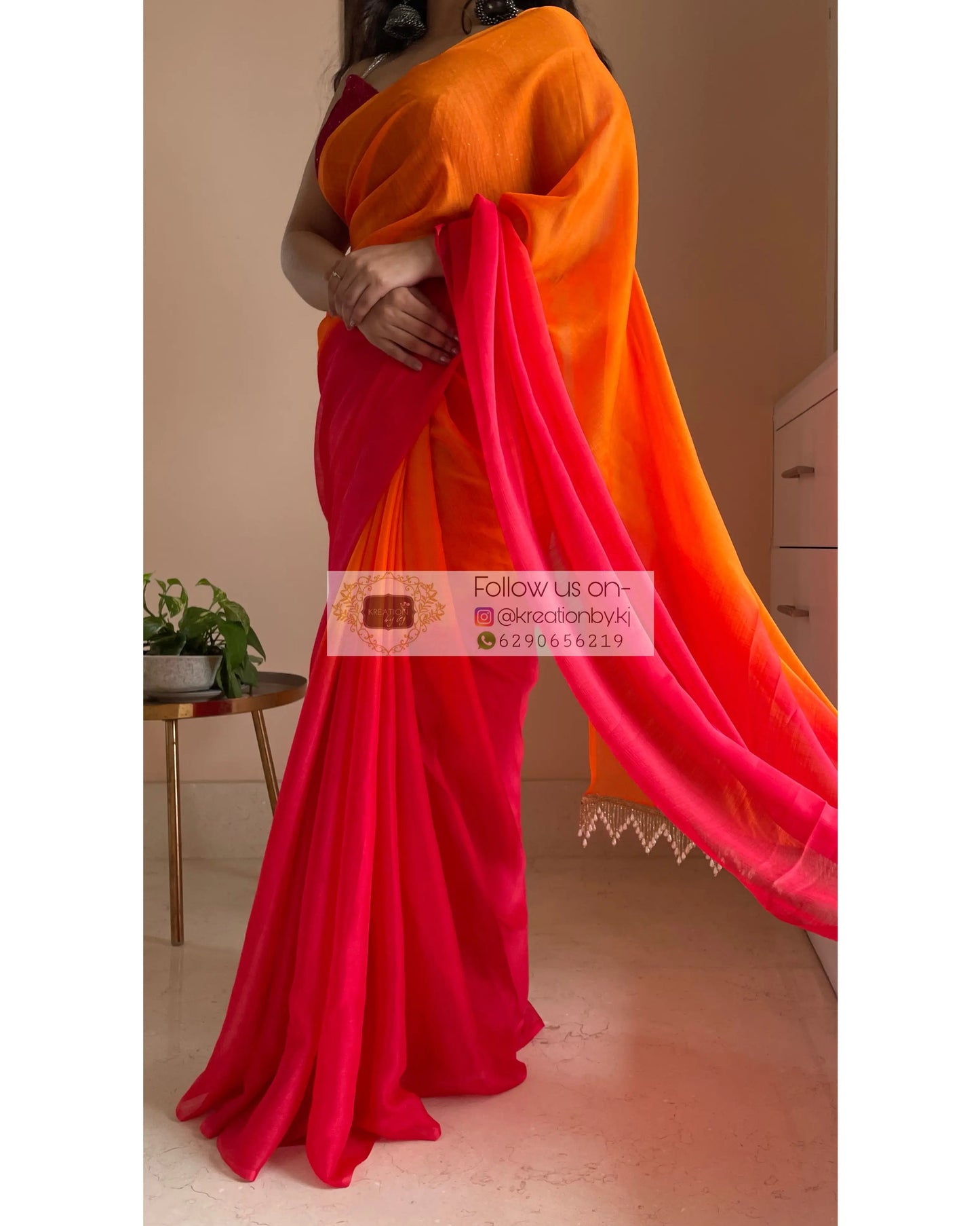 Sunset Ombré Chiffon Saree with Handmade Tassels on Pallu kreationbykj